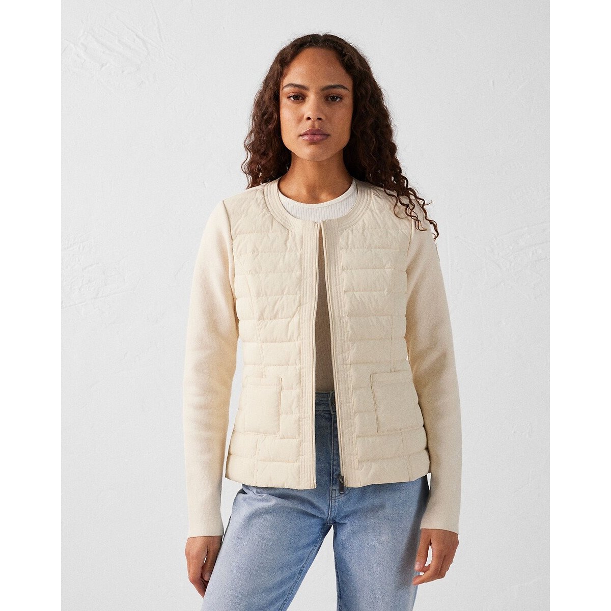 Almeria Lightweight Padded Jacket in Dual Fabric with Crew Neck