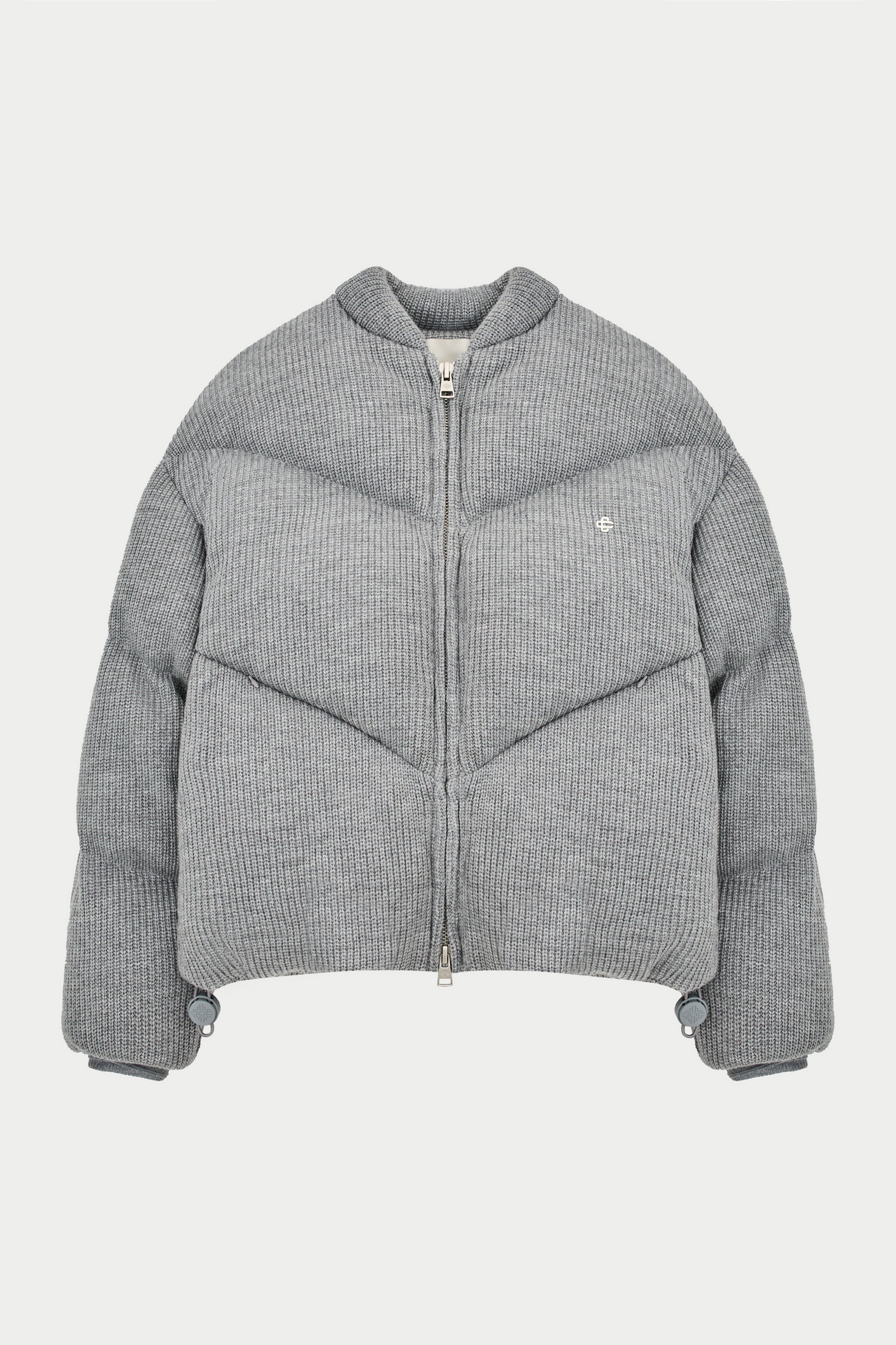 Knitted Chevron Panelled Puffer Coat - Grey Marl