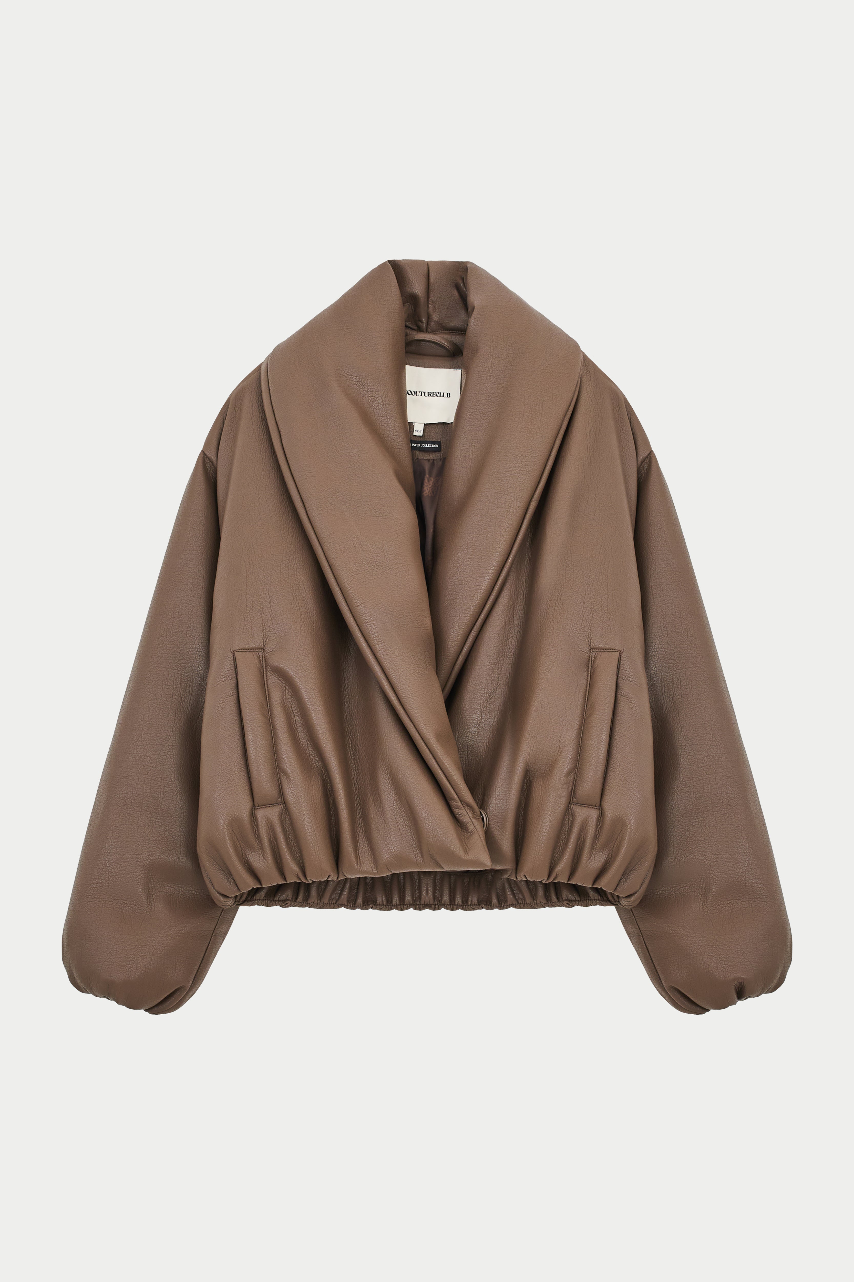 Oversized Collar Faux Leather Puffer Coat - Brown