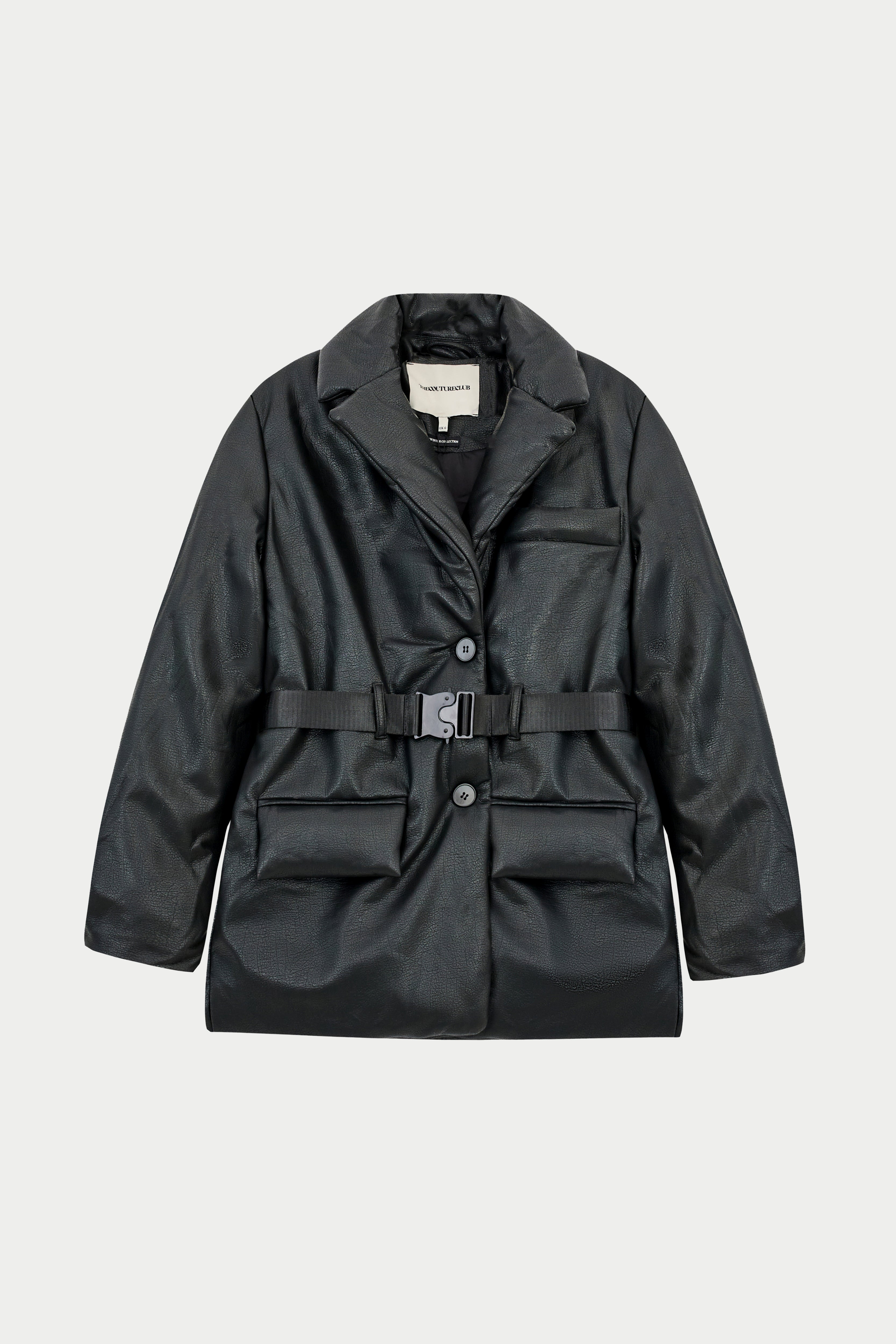 Faux Leather Padded Blazer Coat - Black