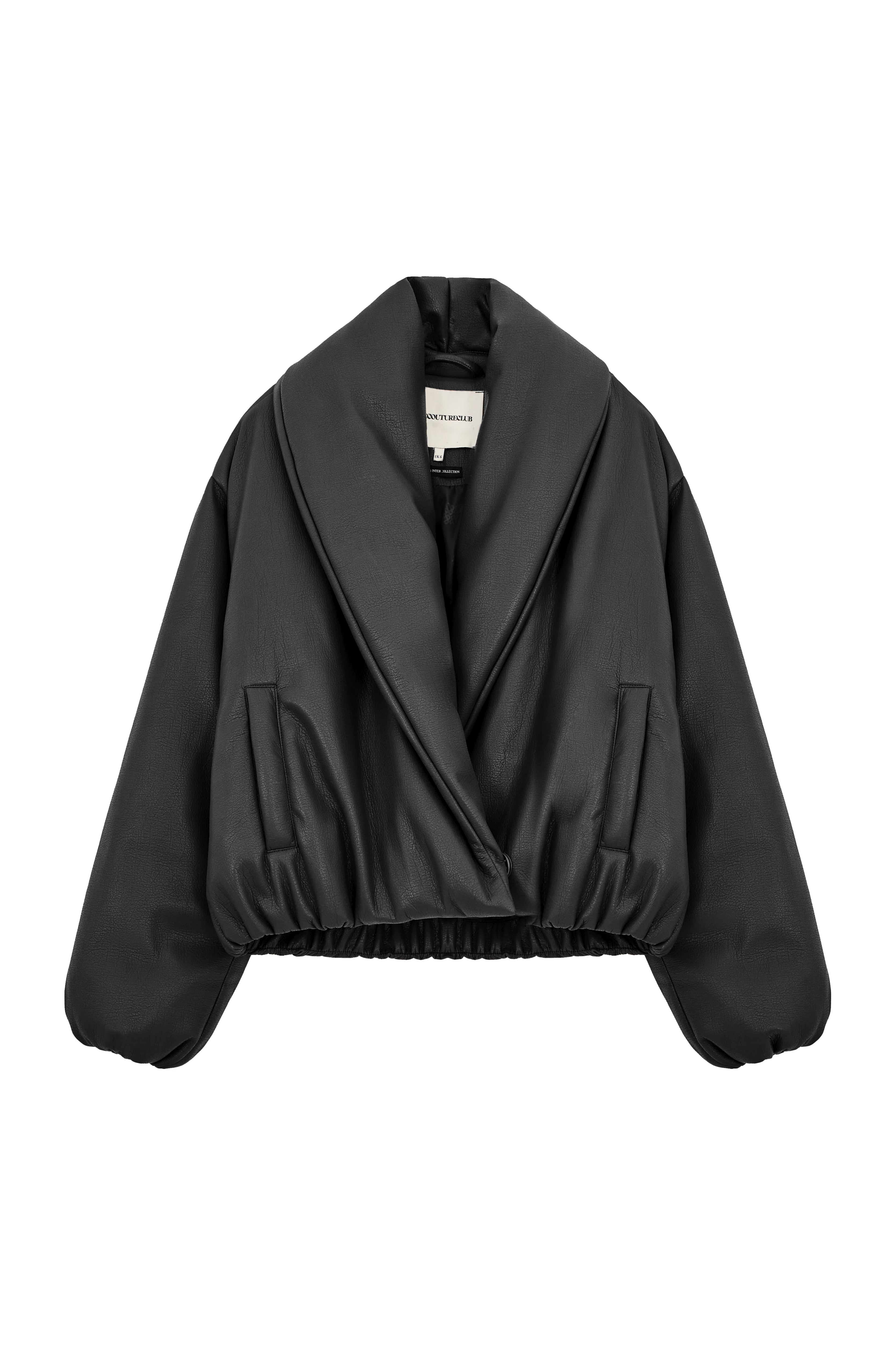 Oversized Collar Faux Leather Puffer Coat - Black
