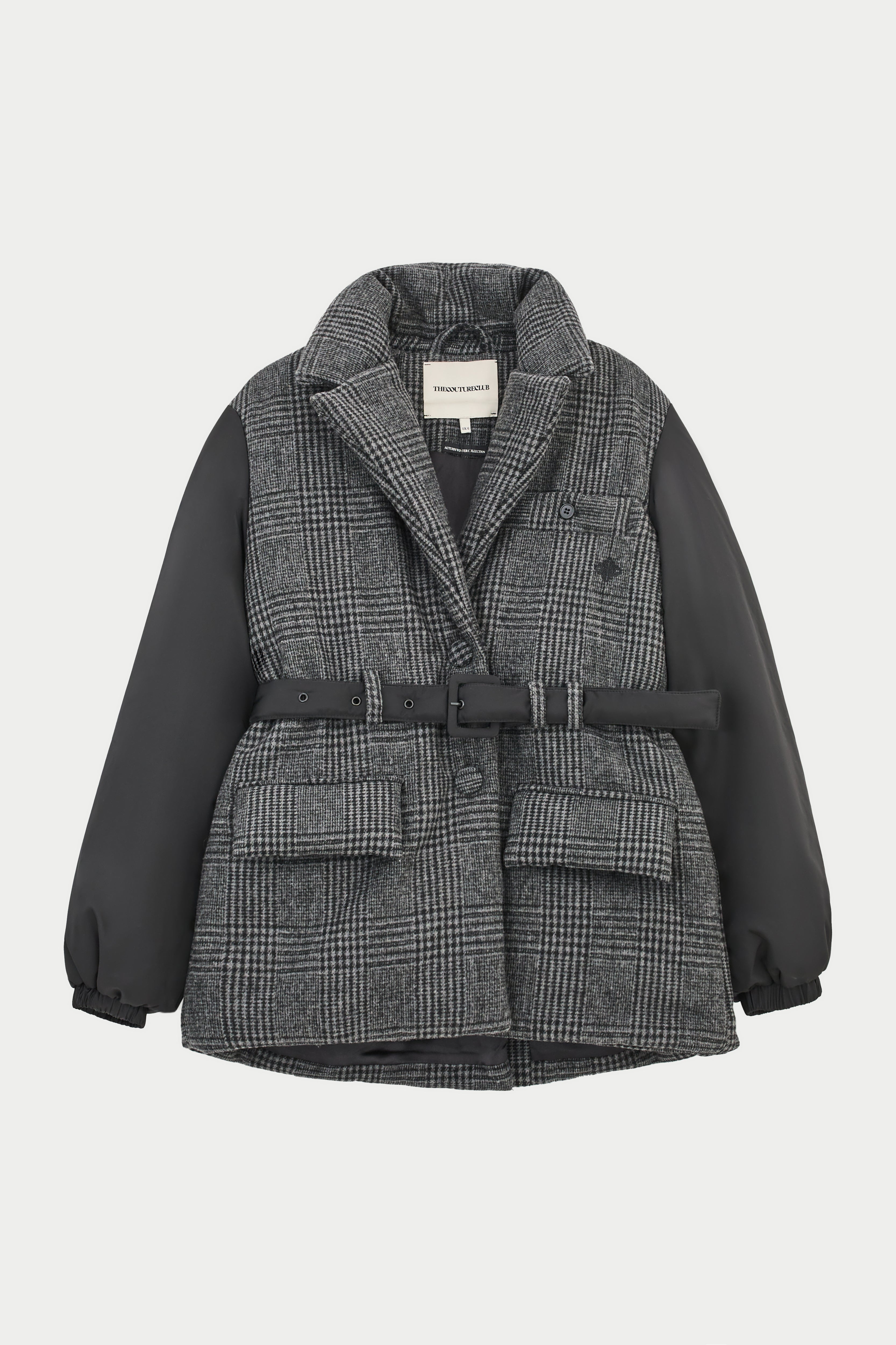 Tonal Check Padded Blazer Coat - Black