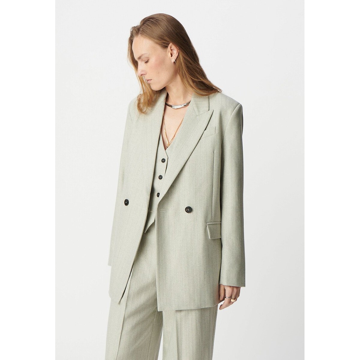 Fine Metallic Striped Double-Breasted Suit Jacket