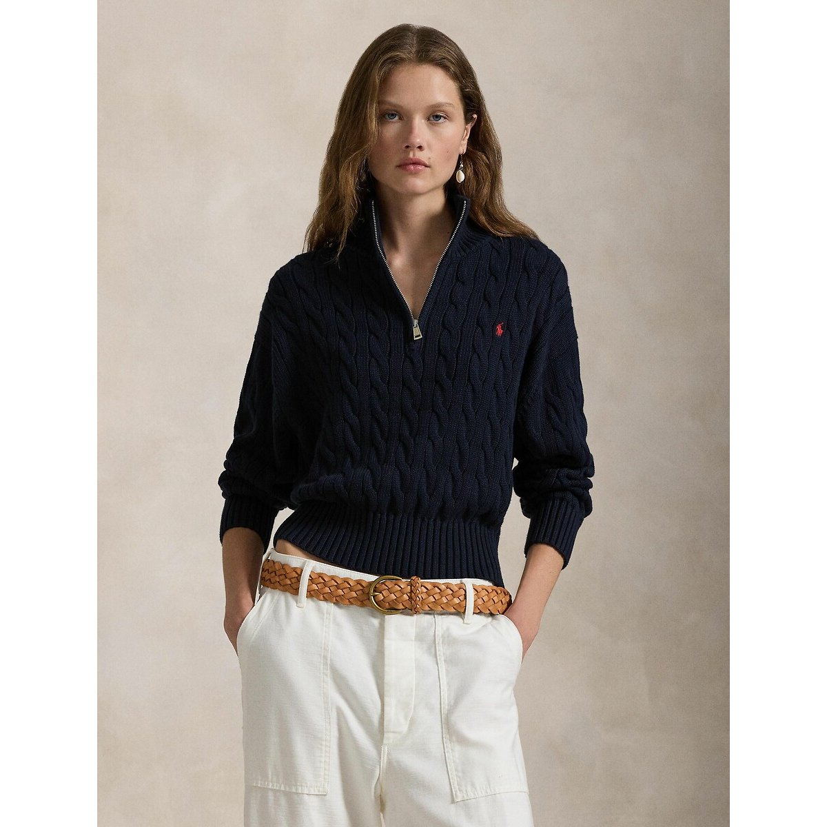 Cable Knit Jumper with Zip Neck and Long Sleeves