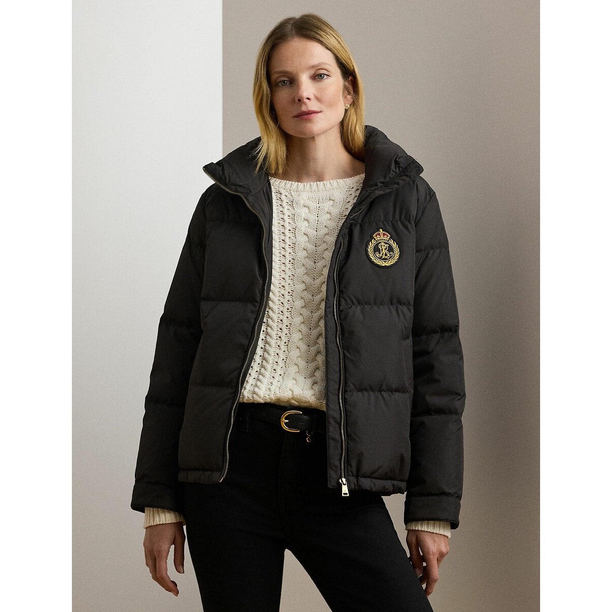 Zipped Puffer Jacket with Stand-Up Collar