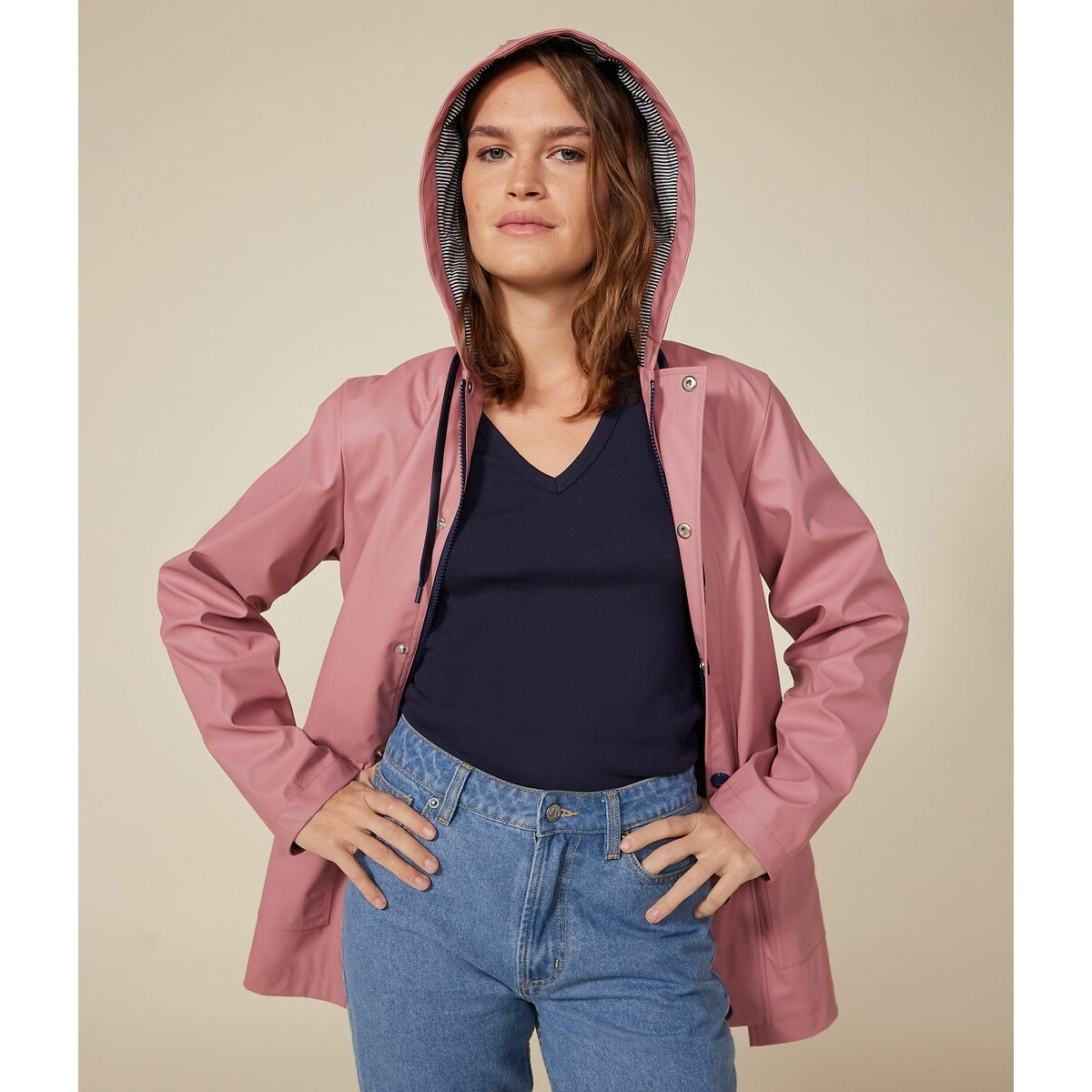 Mid-Length Waxed Jacket with Fixed Hood, Mid-Season