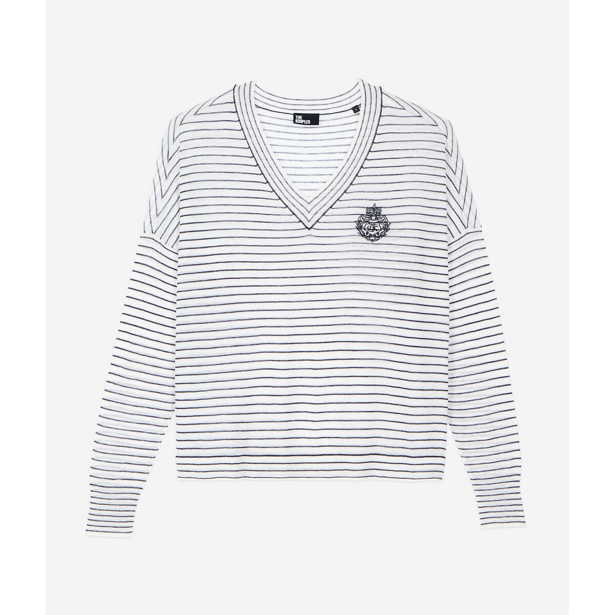 Striped Wool/Cashmere Jumper with Chest Patch and V-Neck