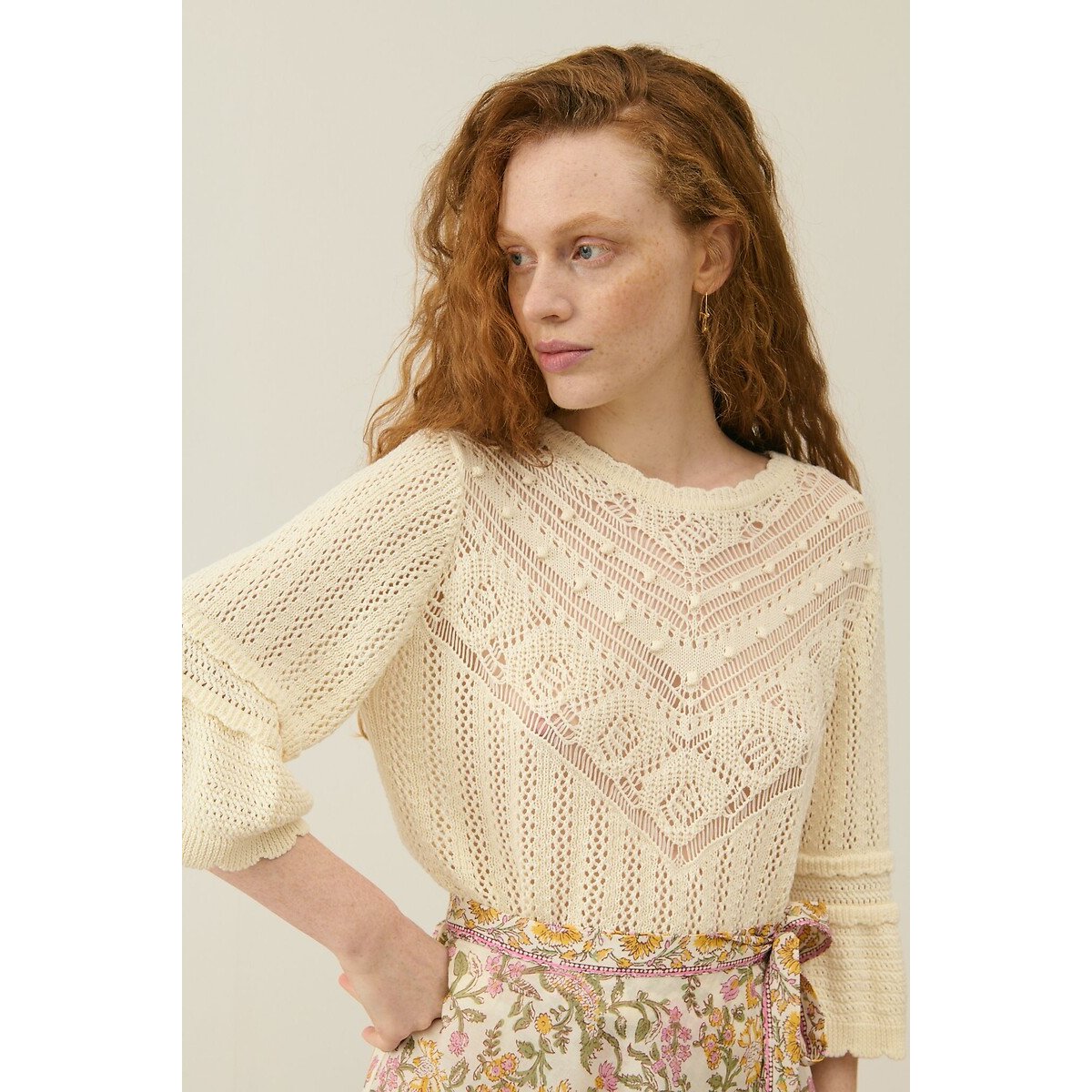 Croisette Crochet Knit Jumper with Elbow-Length Sleeves