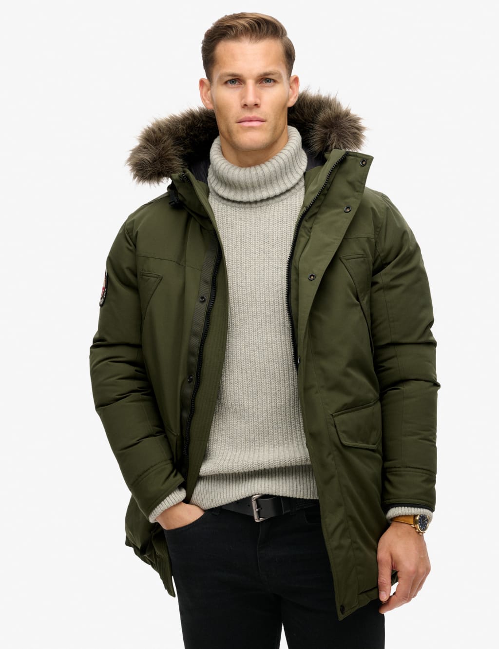 Superdry Male Hooded Parka Jacket - L - Khaki, Khaki