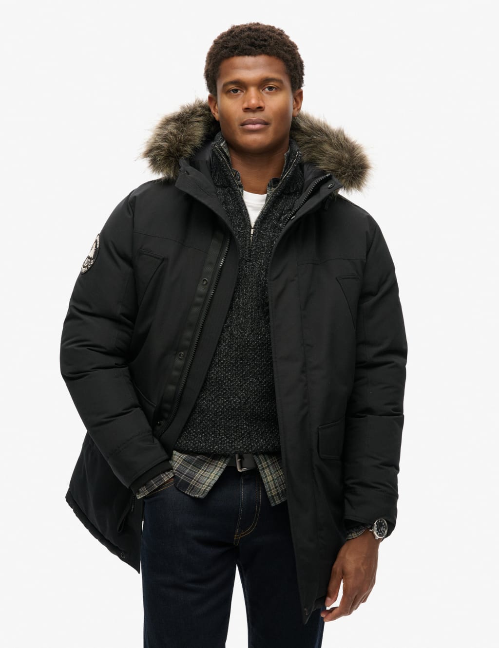 Superdry Male Hooded Padded Parka Jacket - L - Black, Black,Navy
