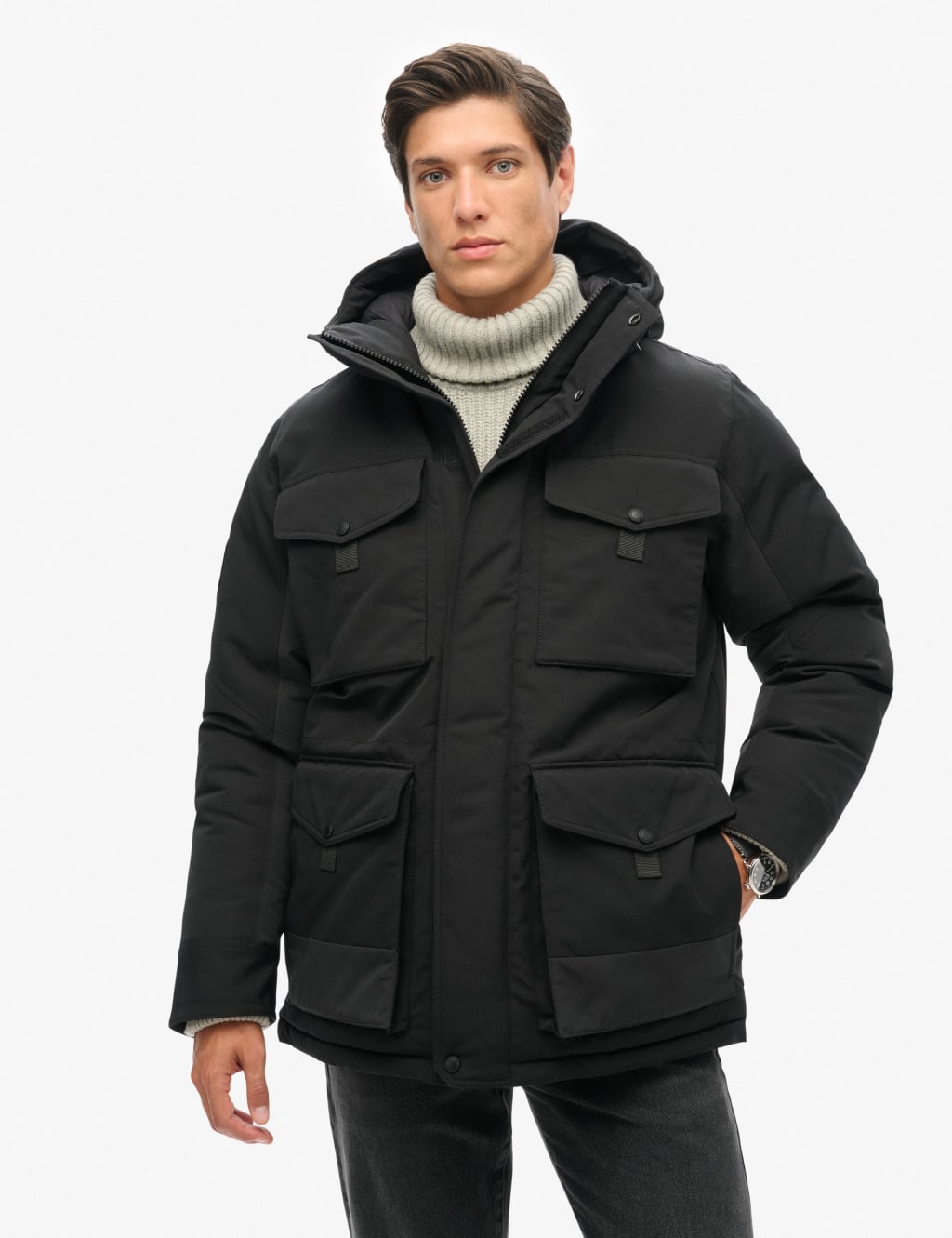Superdry Male Hooded Padded Parka Jacket - L - Black, Black,Green