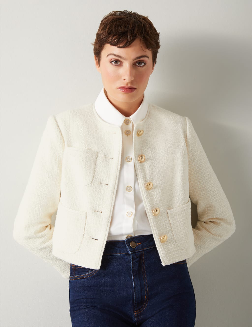 Lk Bennett Female Tweed Collarless Cropped Jacket - 20 - Cream Mix, Cream Mix