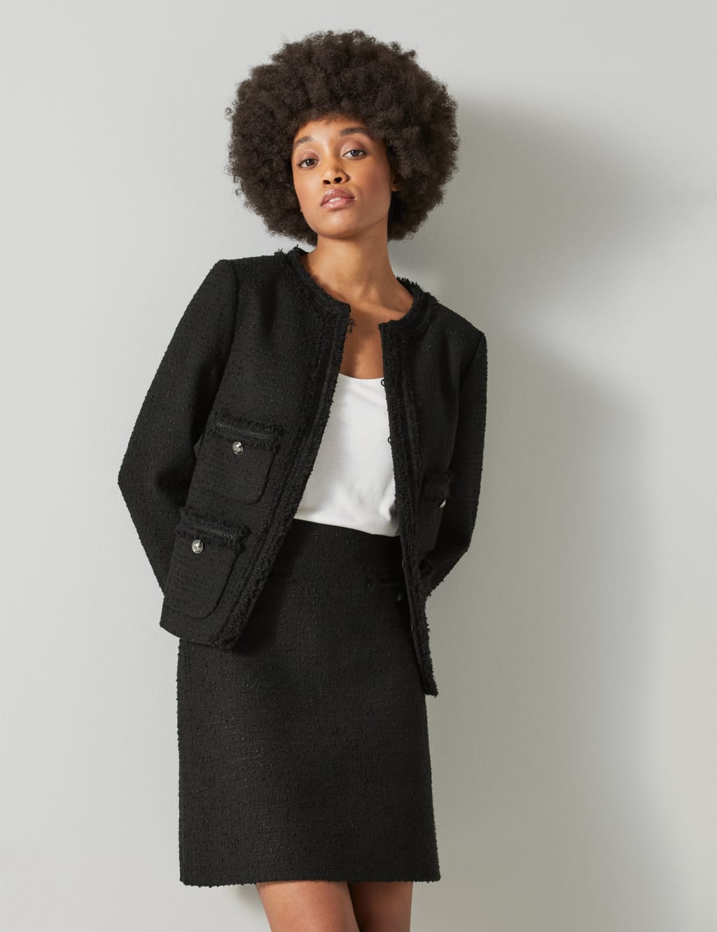 Lk Bennett Female Tweed Textured Collarless Jacket - 12 - Black Mix, Black Mix,Cream