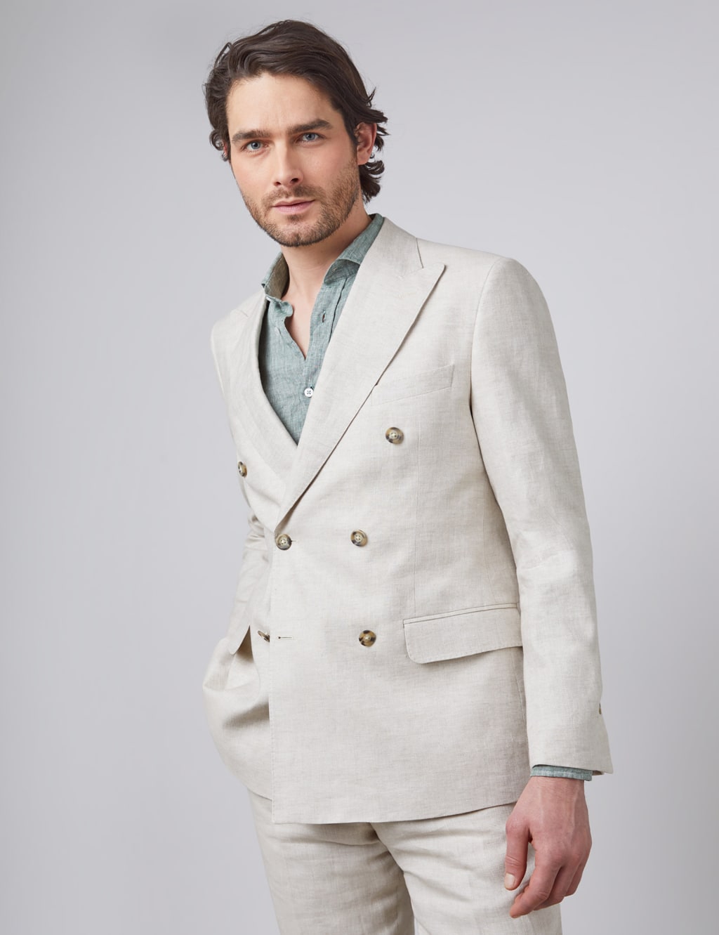 Hawes & Curtis Male Tailored Fit Linen Double Breasted Suit Jacket - 46 - Cream, Cream