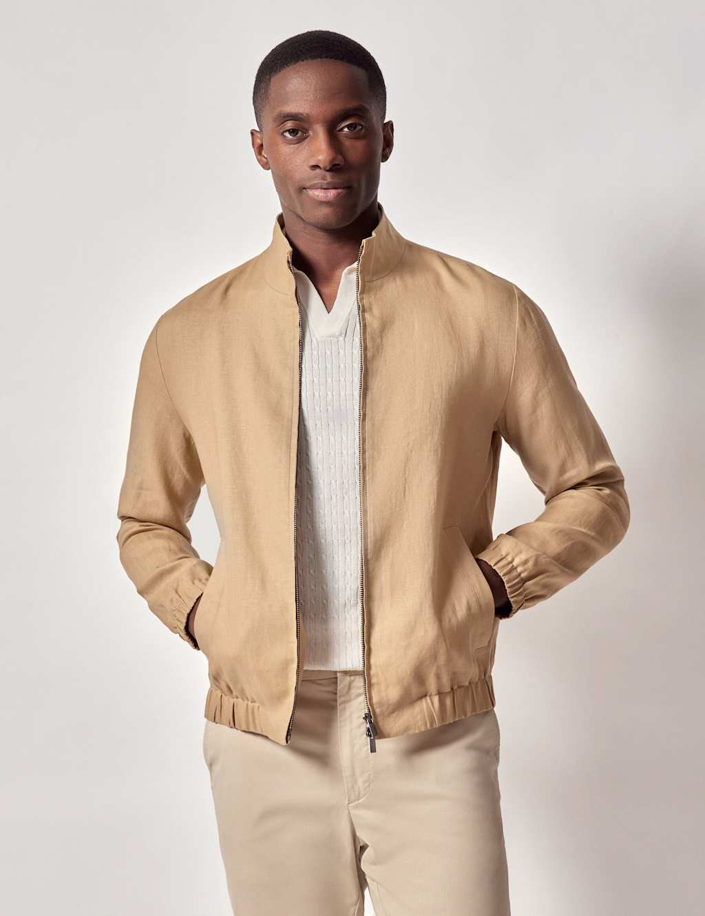 Hawes & Curtis Male Pure Linen Bomber Jacket - 48 - Sand, Sand,Navy