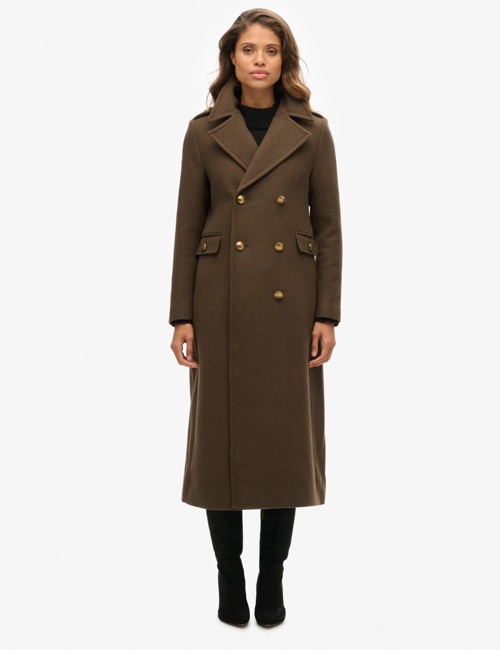 Superdry Female Pure Wool Double Breasted Longline Coat - 16 - Khaki, Khaki,Black