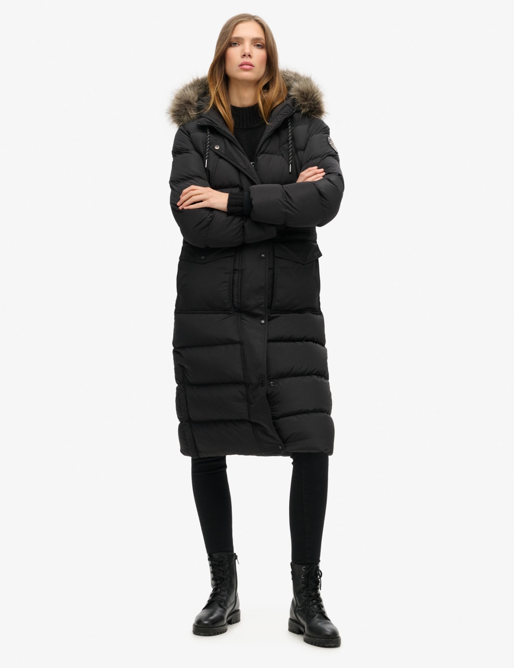 Superdry Female Faux Fur Hooded Longline Coat - 10 - Black, Black,Khaki