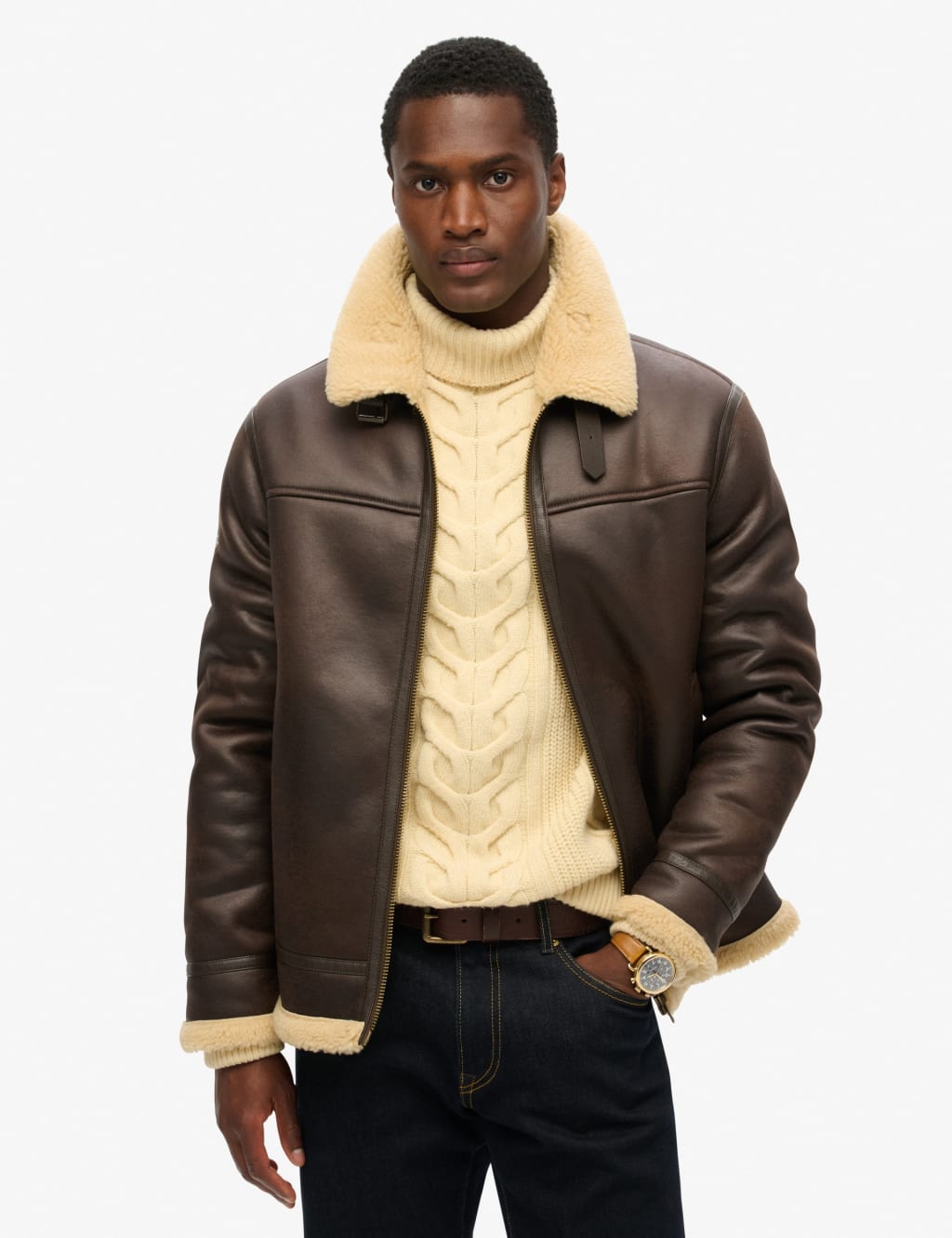 Superdry Male Faux Shearling Aviator Jacket - Brown, Brown