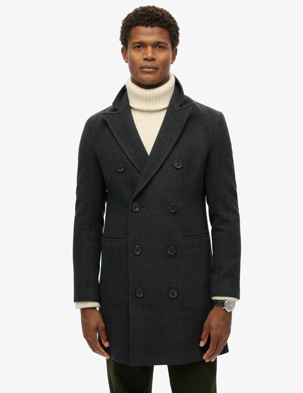 Superdry Male Herringbone Double Breasted Coat - XL - Black, Black