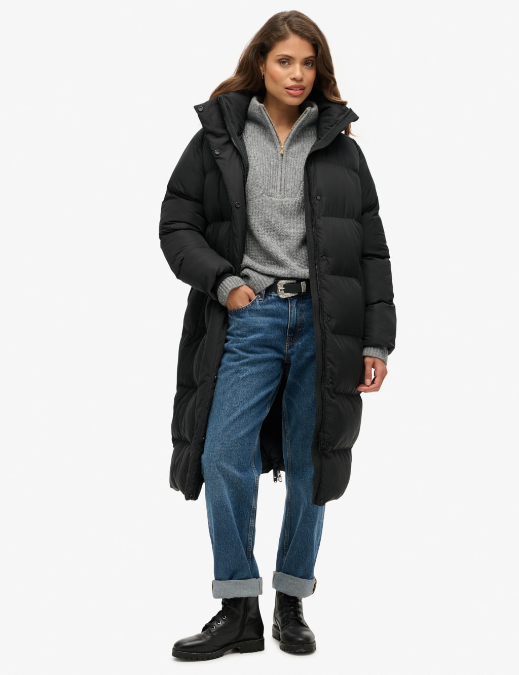 Superdry Female Padded Hooded Oversized Longline Puffer Jacket - 8 - Black, Black,Brown