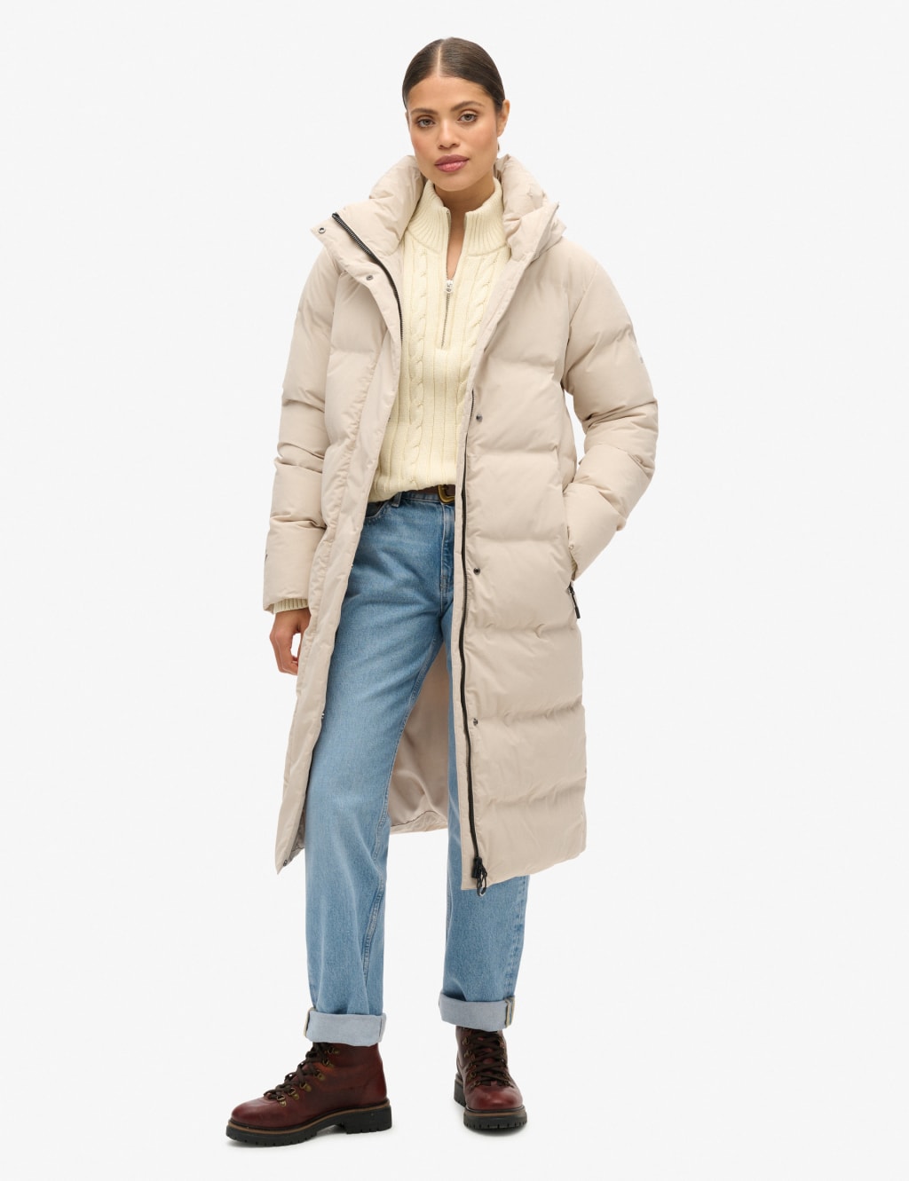 Superdry Female Hooded Longline Puffer Coat - 16 - Beige, Beige