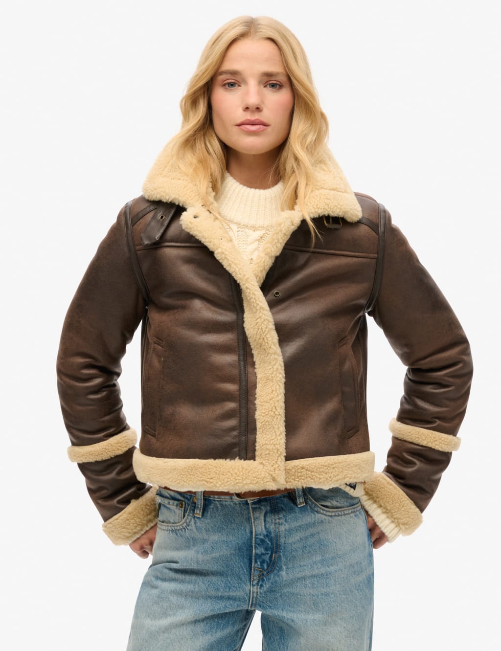 Superdry Female Faux Shearling Cropped Aviator Jacket - 16 - Brown, Brown