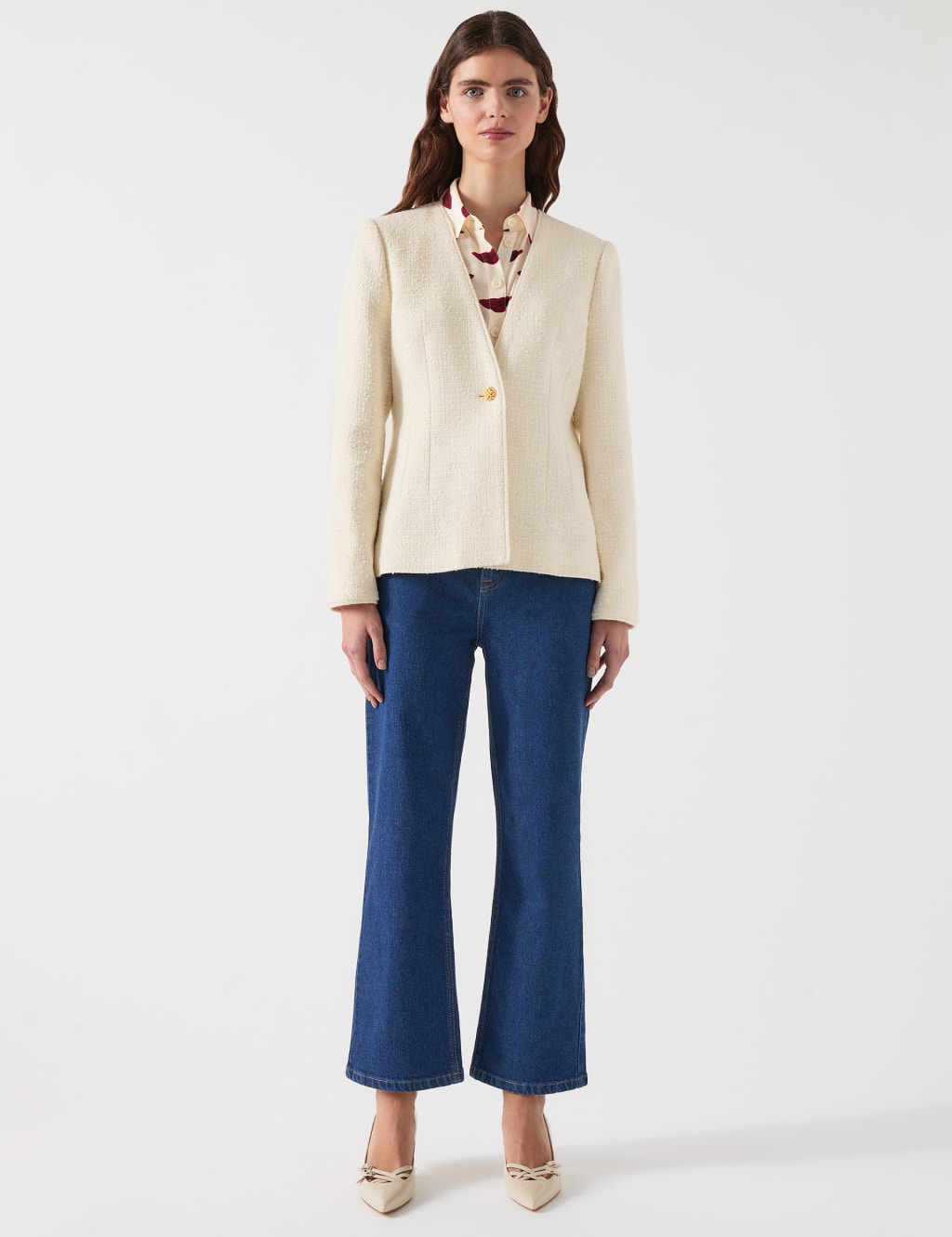 Lk Bennett Female Cotton Rich Tweed Single Breasted Jacket - 12 - Cream, Cream