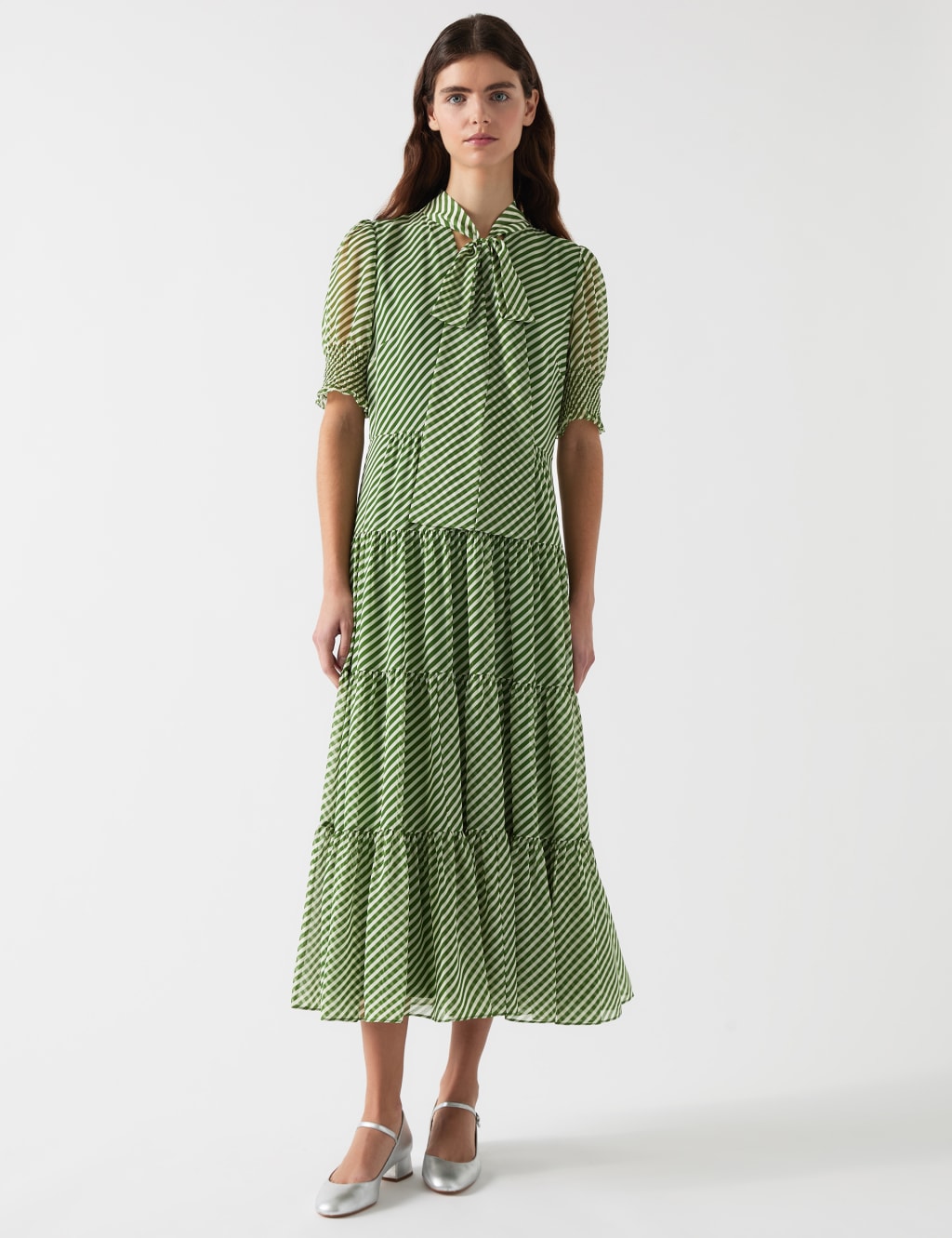 Lk Bennett Female Striped V-Neck Tie Neck Midi Tiered Dress - 14REG - Green Mix, Green Mix