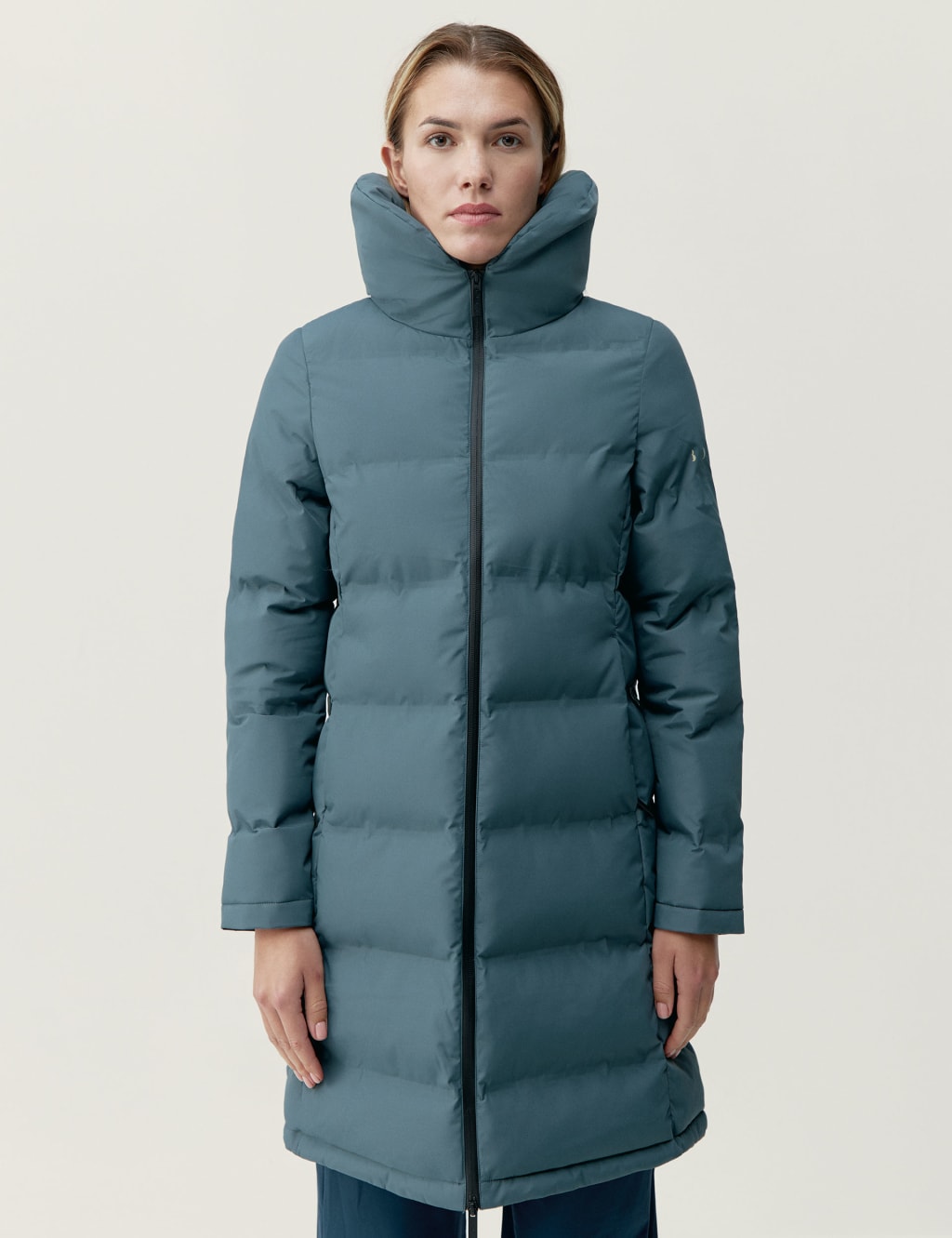 Born Female Funnel Neck Longline Puffer Coat - Air Force Blue, Ecru,Air Force Blue