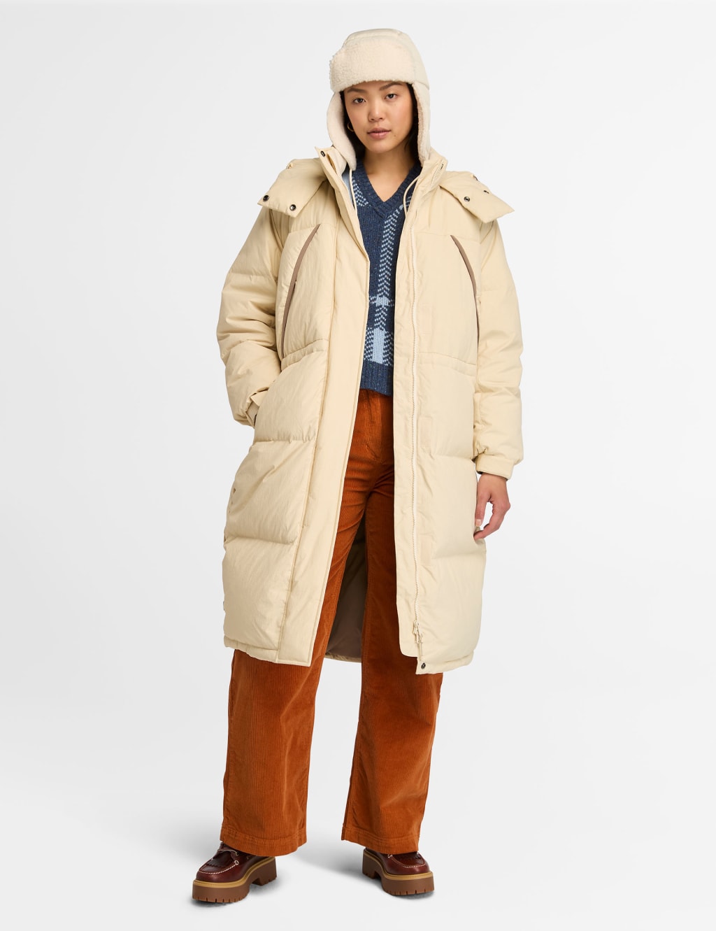 Timberland Female Hooded Longline Puffer Coat - S - Cream, Cream