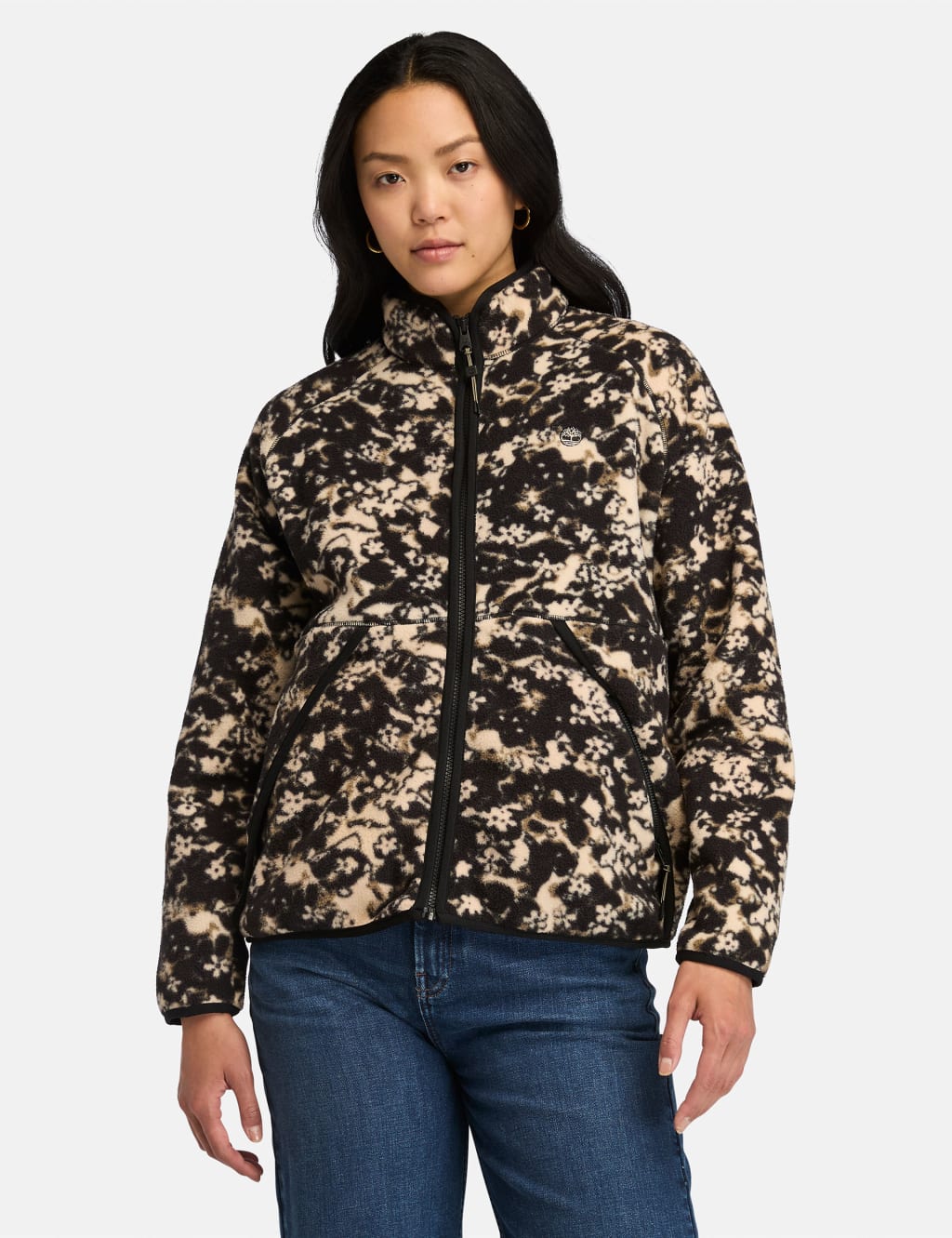 Timberland Female Floral Printed Funnel Neck Fleece Jacket - S - Black Mix, Black Mix,Red Mix
