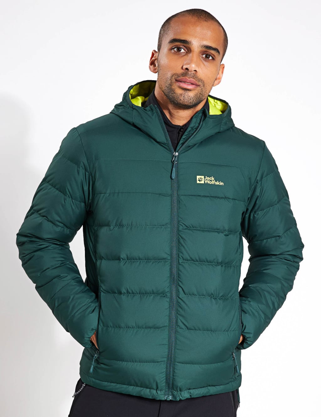 Jack Wolfskin Male Ather Down Hooded Puffer Jacket - M - Dark Green, Black,Dark Green
