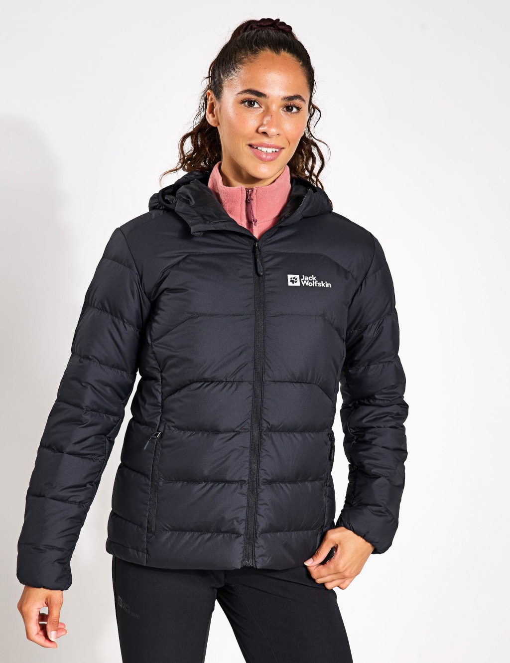 Jack Wolfskin Female Ather Down Packable Hooded Puffer Jacket - 12 - Black, Green Mix,Black