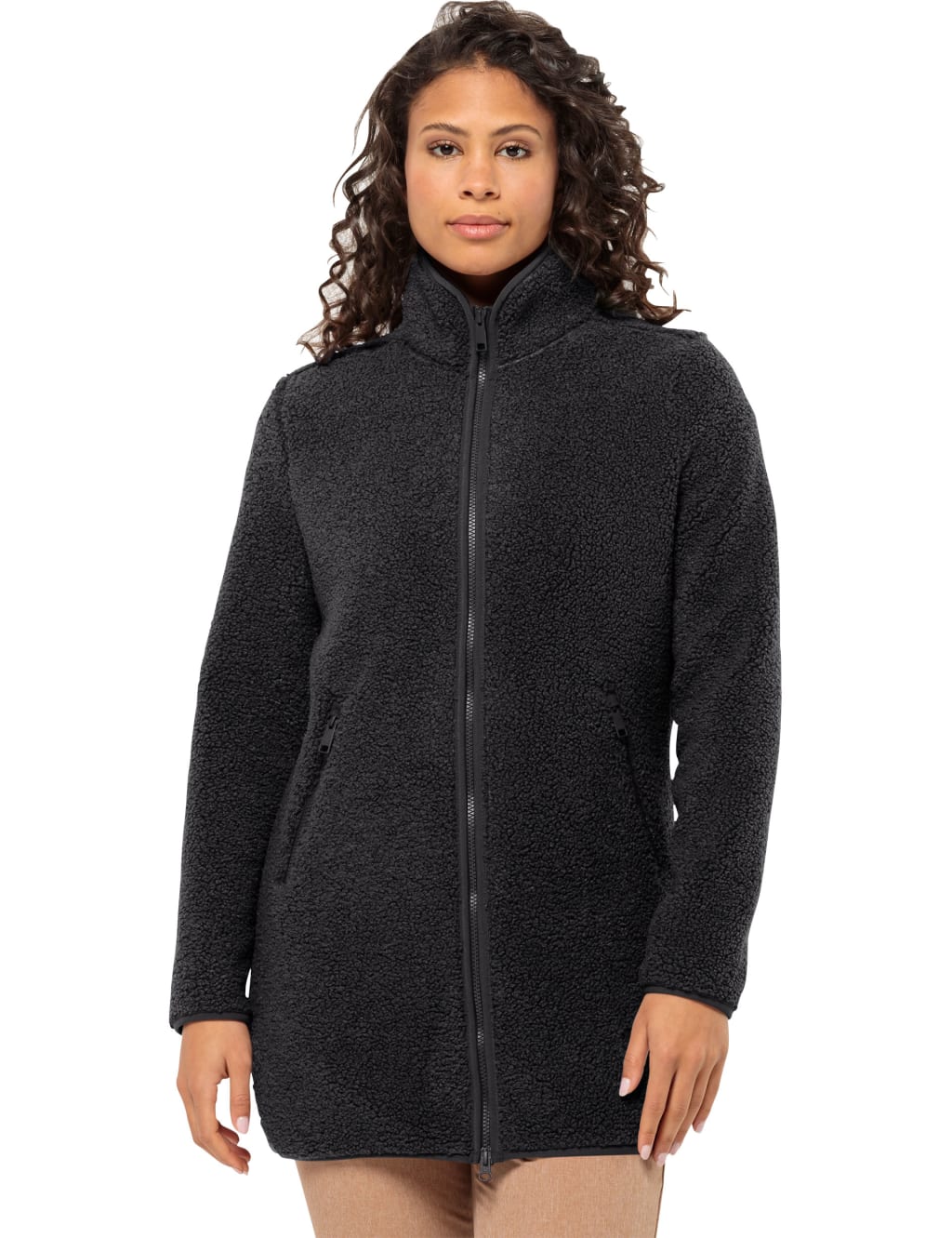 Jack Wolfskin Female High Curl High Neck Longline Fleece Jacket - 10 - Black, Dark Navy,Black,Beige