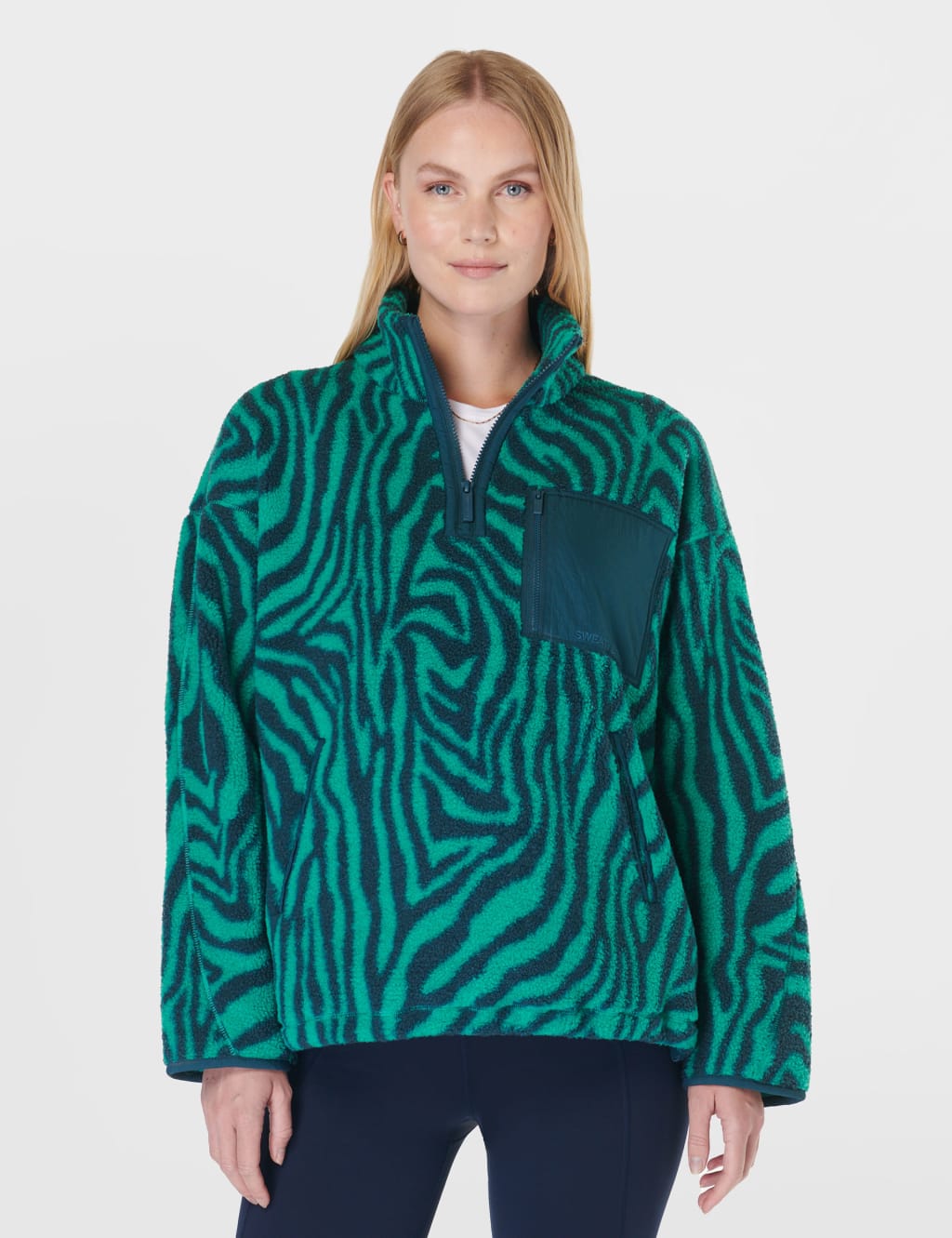 Sweaty Betty Female Karma Half Zip Animal Print Fleece Jacket - Teal Mix, Teal Mix