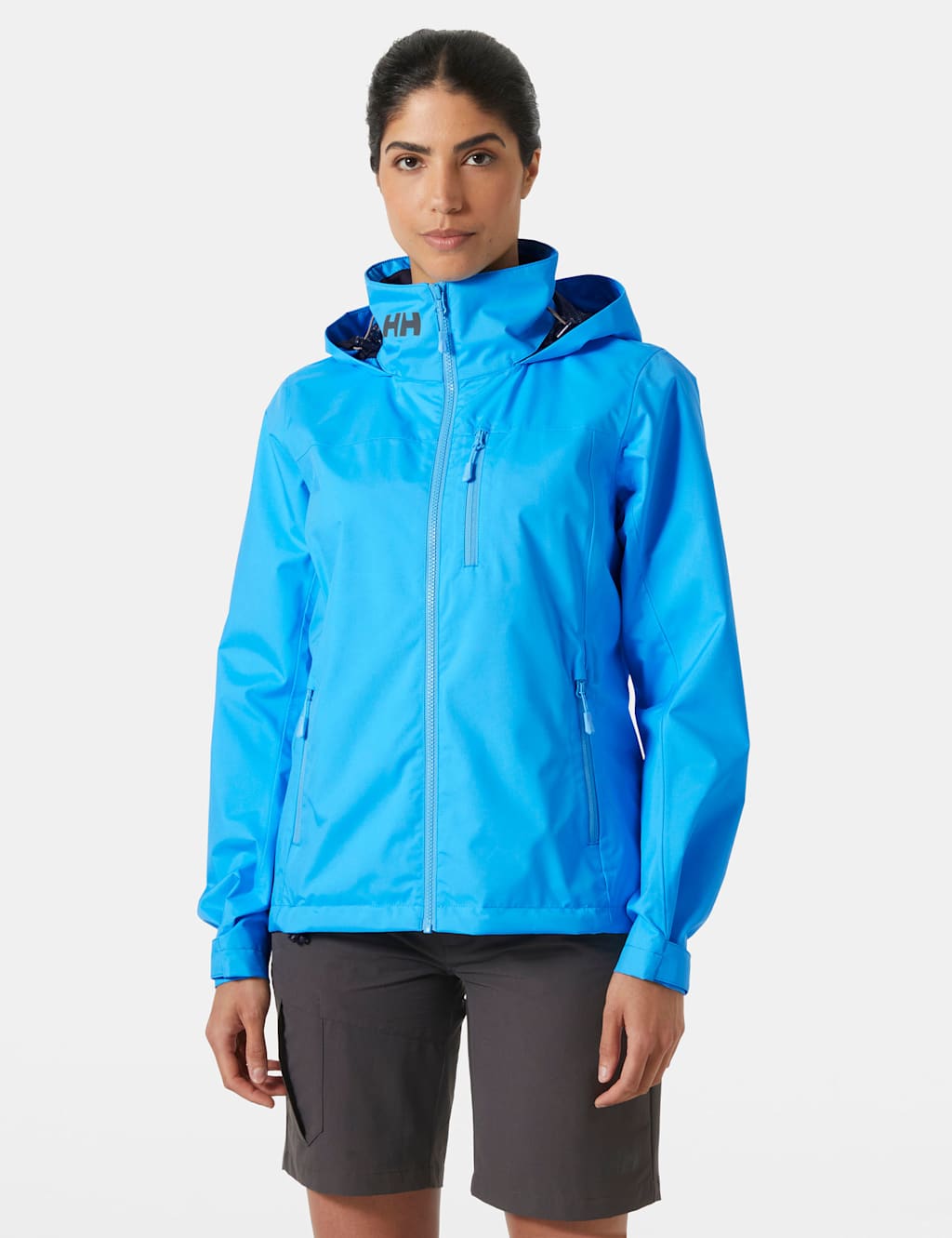 Helly Hansen Female Crew Waterproof Hooded Funnel Neck Jacket - M - Blue, Blue