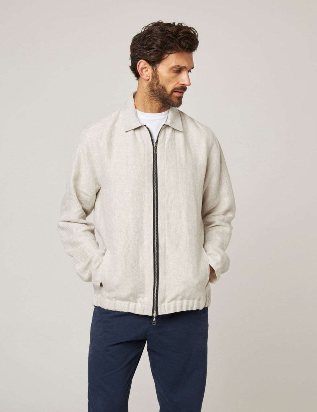 Peregrine Male Pure Linen Bomber Jacket - Natural, Natural,Navy