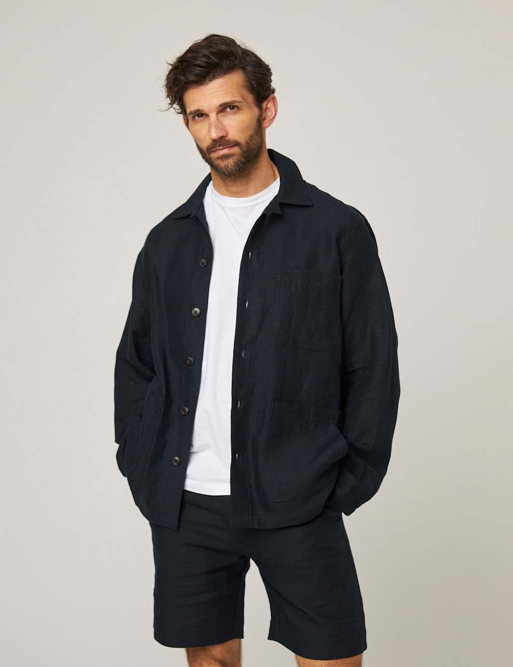 Peregrine Male Pure Linen Shacket - Navy, Khaki,Navy