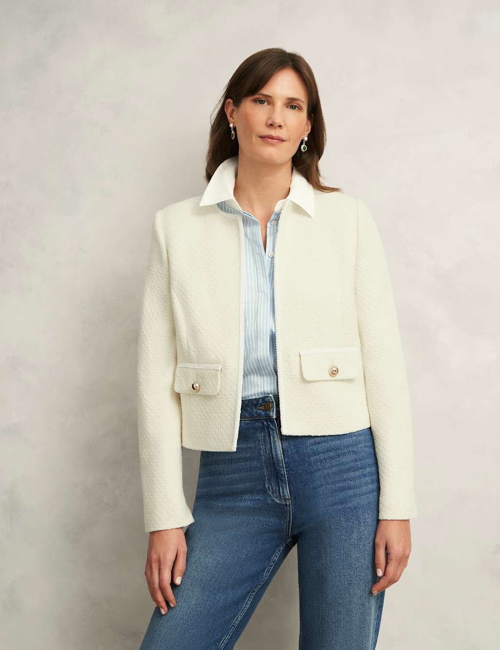 Hobbs Female Cotton Rich Textured Collarless Jacket - 12 - Cream, Cream