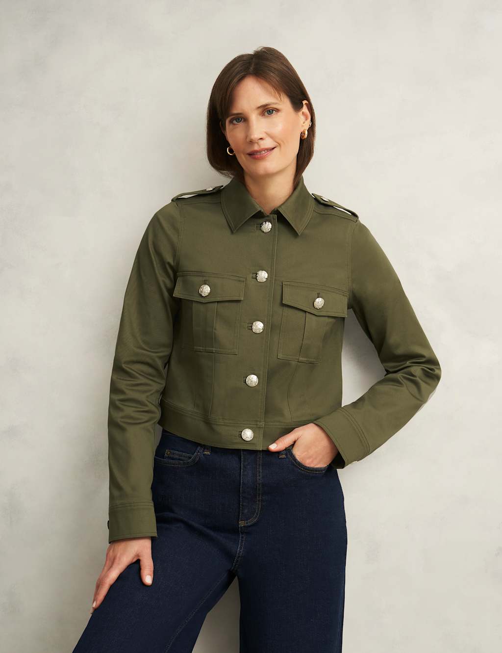 Hobbs Female Cotton Rich Collarless Jacket - 12 - Green, Green