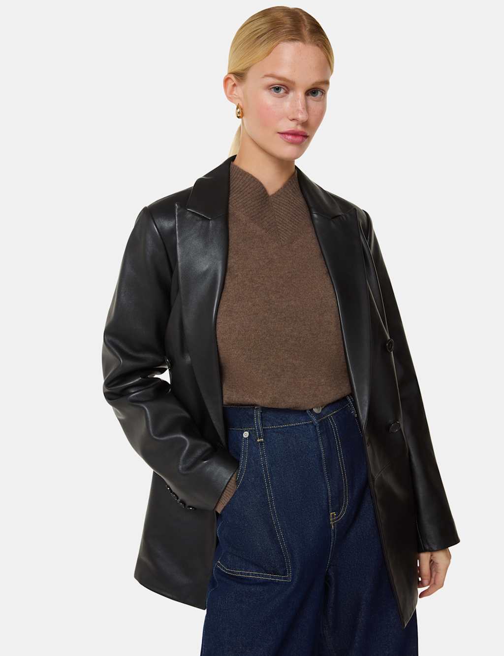 Whistles Female Leather Double Breasted Waisted Blazer - 10 - Black, Black