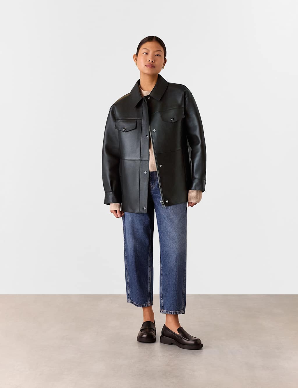 Whistles Female Leather Relaxed Collared Biker Jacket - S - Black, Black