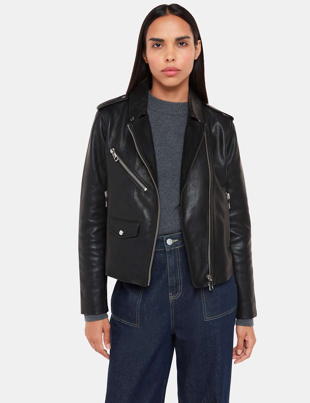 Whistles Female Leather Cropped Biker Jacket - 10 - Black, Black