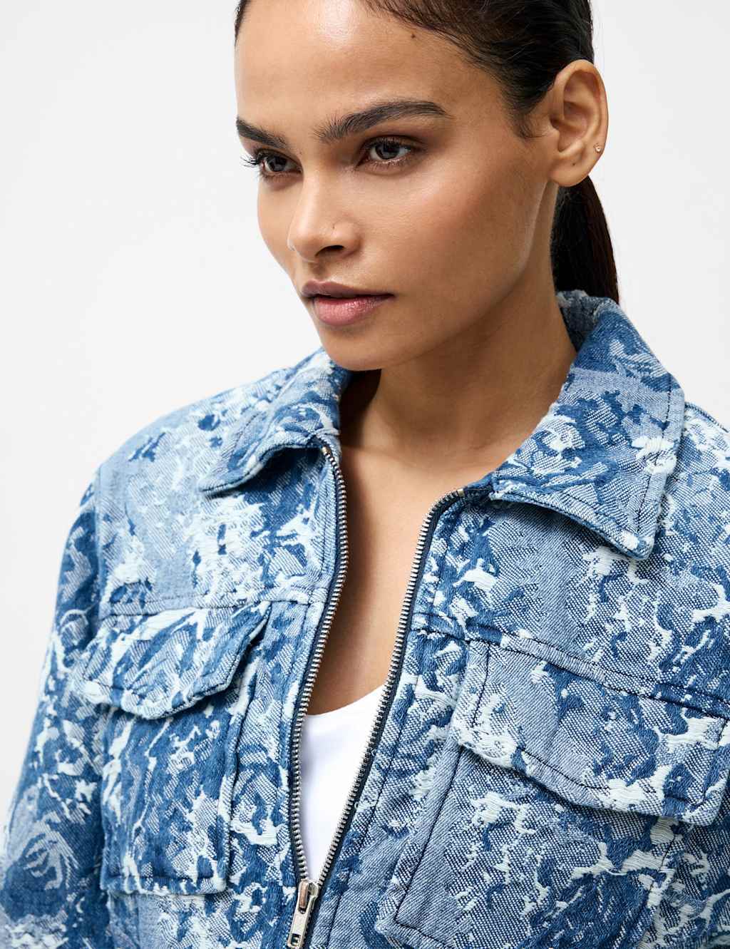 French Connection Female Denim Jacquard Collared Jacket - 12 - Blue Mix, Blue Mix