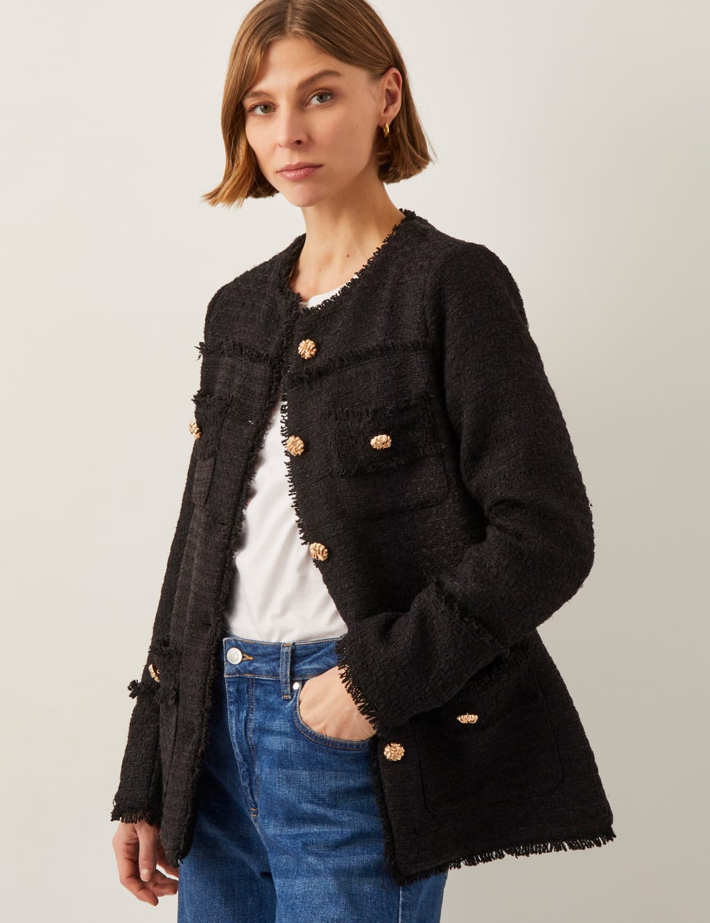 Monsoon Female Tweed Textured Collarless Blazer - Black, Black