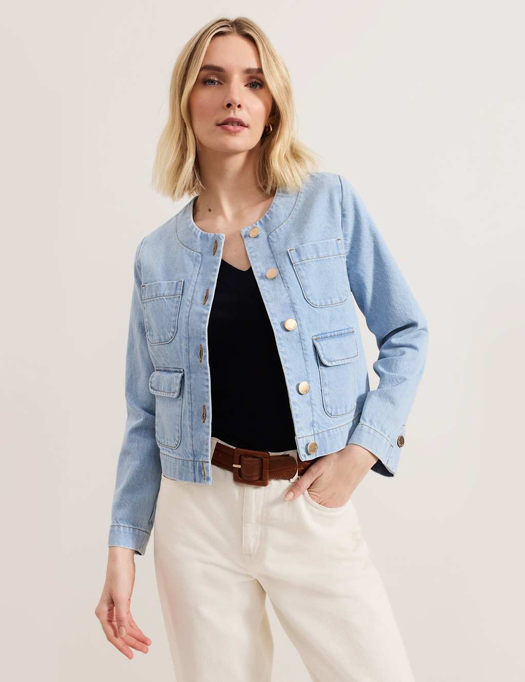 Phase Eight Female Pure Cotton Denim Collarless Jacket - 18 - Mid Blue, Mid Blue