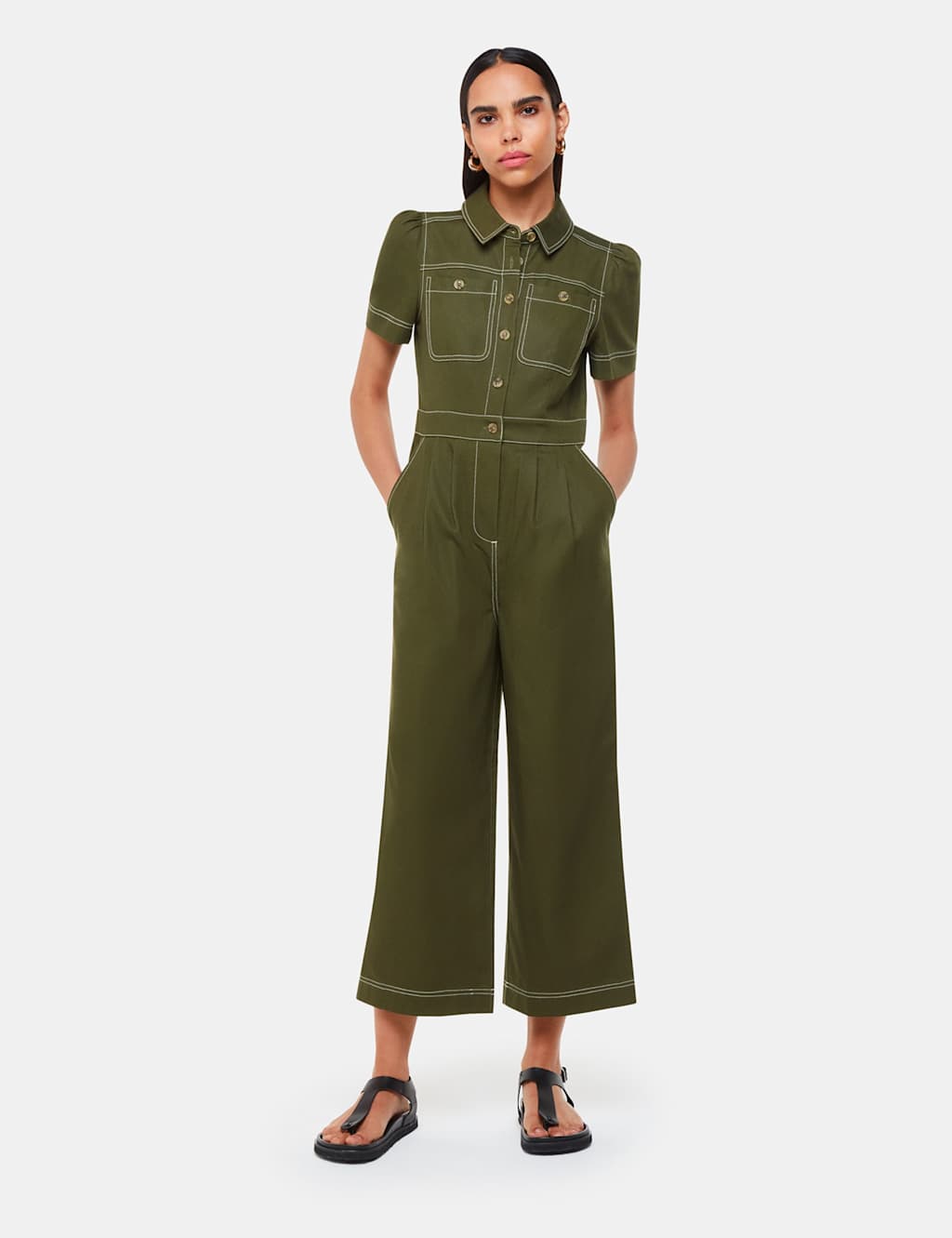 Whistles Female Lyocell Rich Short Sleeve Utility Jumpsuit - 12 - Khaki, Khaki