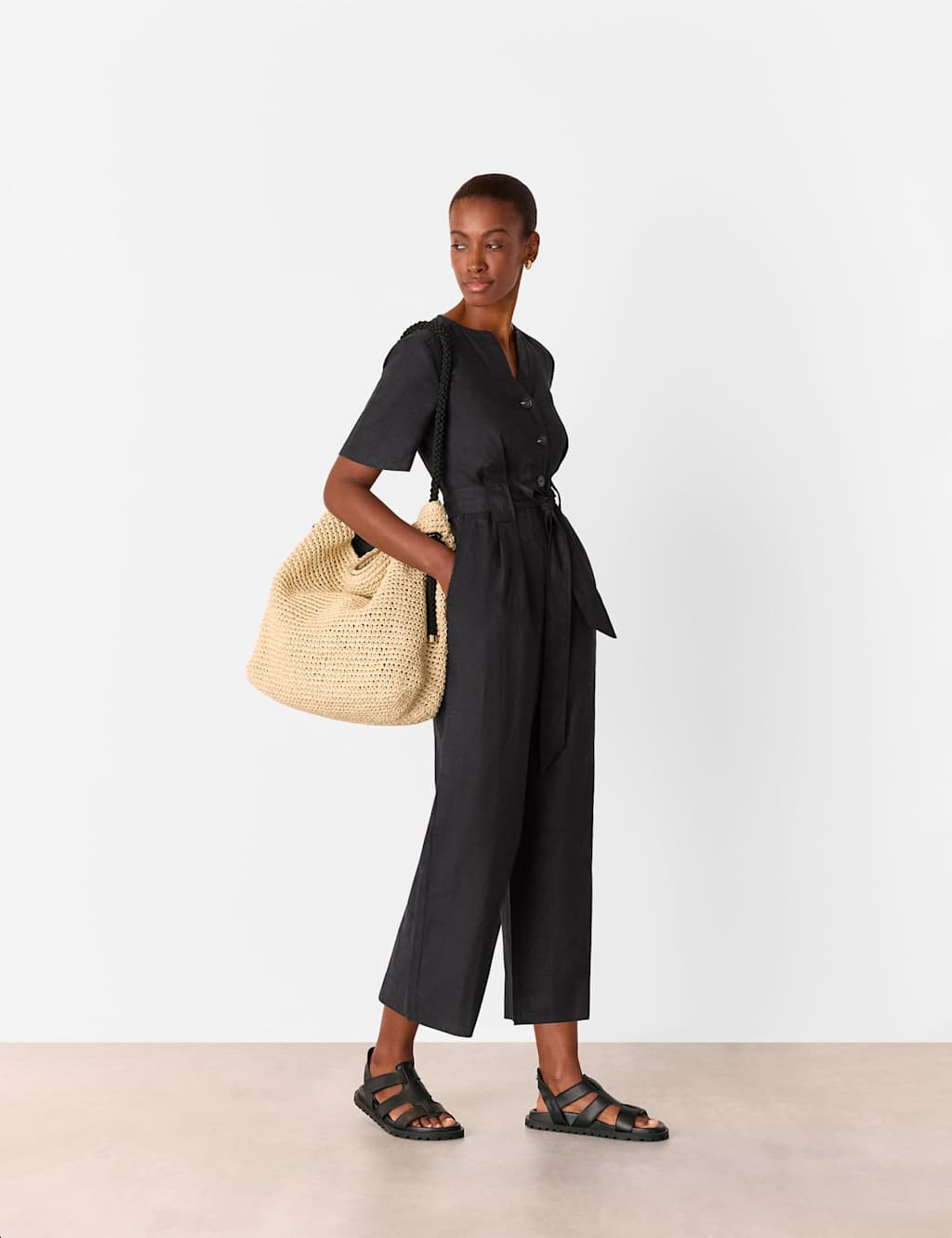 Whistles Female Pure Linen Button Front Tie Detail Jumpsuit - 12 - Black, Black