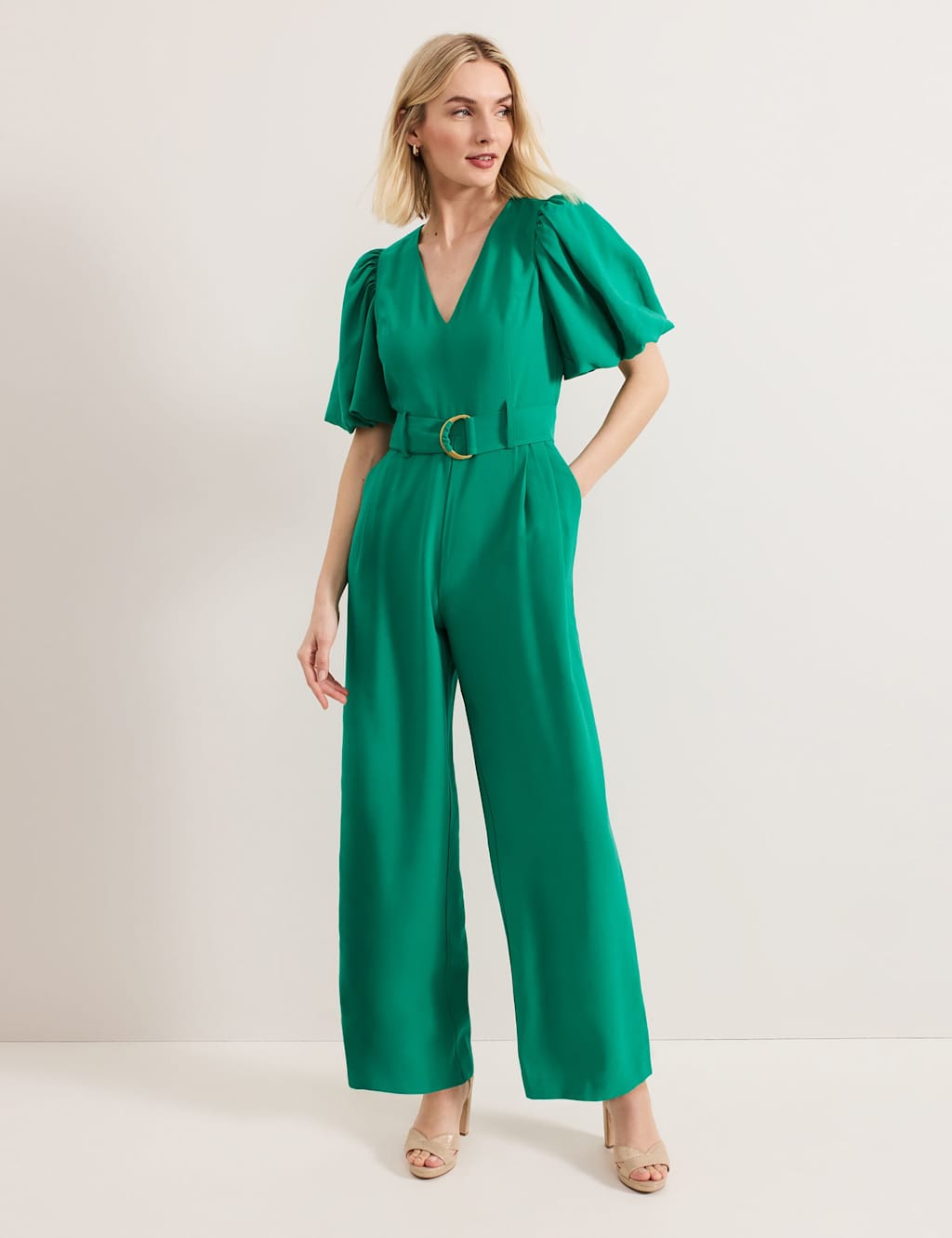 Phase Eight Female Belted Short Sleeve Wide Leg Jumpsuit - 14REG - Green, Green