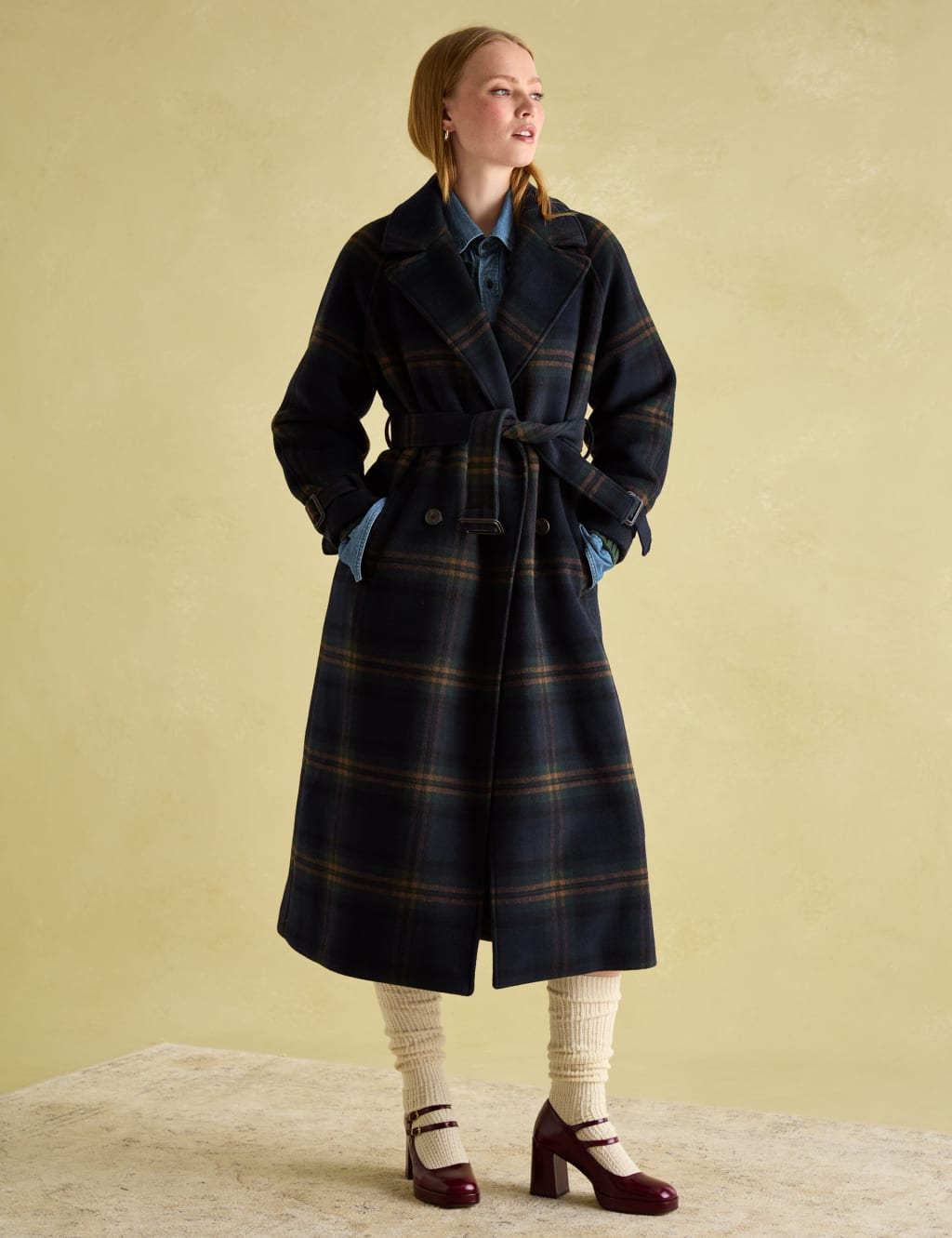 Joules Female Wool Blend Checked Trench Style Coat - M - Navy Mix, Navy Mix